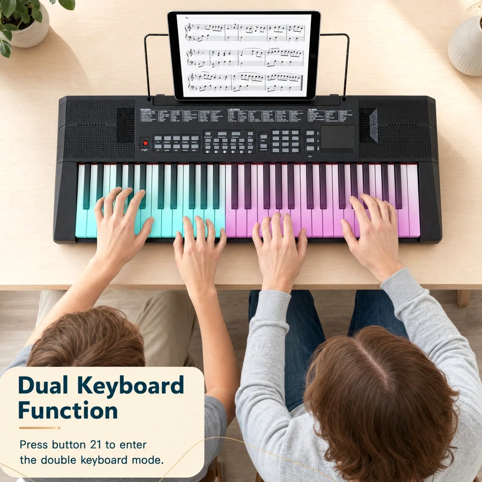 KOMFOTTEU Pianoforte Digitale 54 Tasti, con 200 Ritmi, 200 Suoni e 60 Demo | Tastiera Elettronica con Microfono e Leggio, Pianola Doppia Portatile e Leggera, per Bambini, Adolescenti e Adulti, Nero