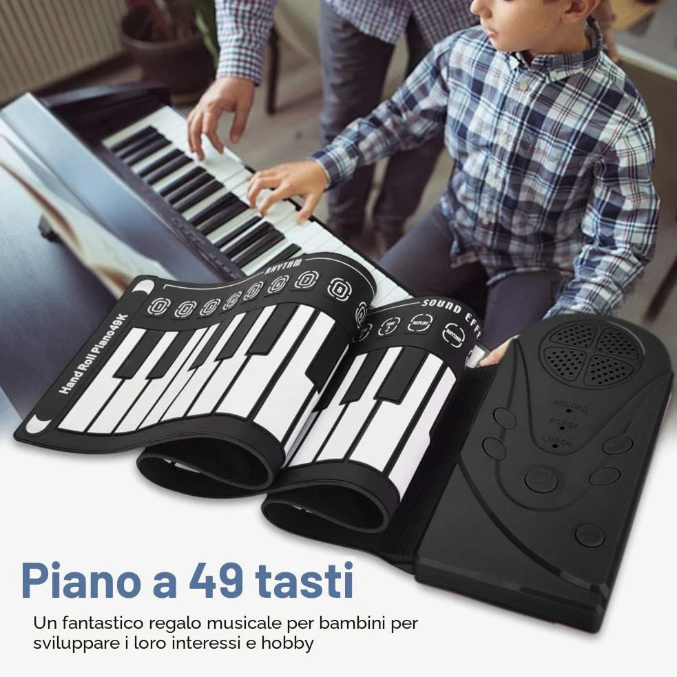 POHOVE Pianoforte portatile con 49 tasti, flessibile, arrotolabile, USB, elettronica, per principianti (nero)