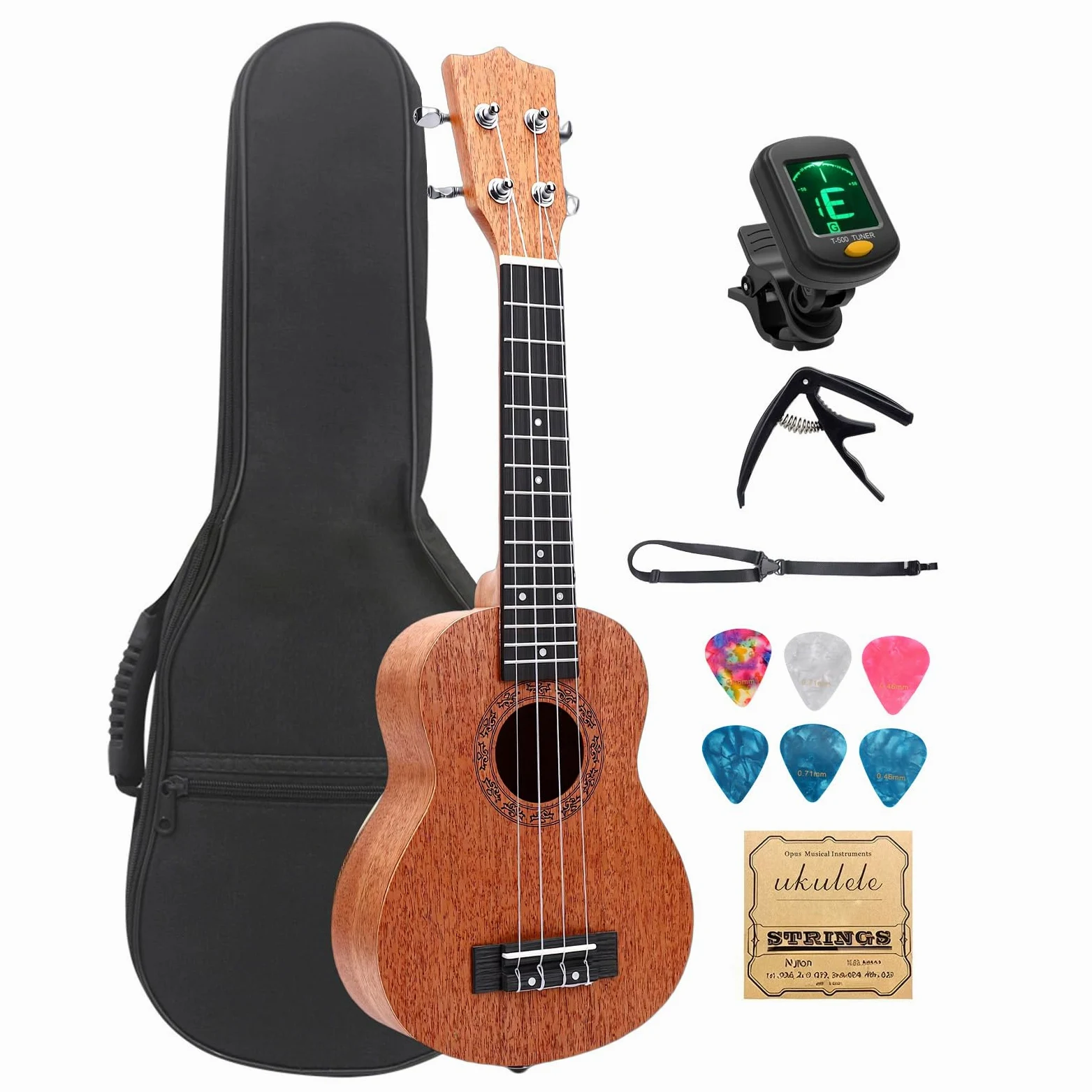 Ukulele in Legno Massello di Mogano da 21 Pollici, Strumento a 4 Corde, Venature Eleganti, Tono Ricco, Marrone caffè, Accordatore, Tracolla, Capotasti, Plettri, Borsa Portatile,