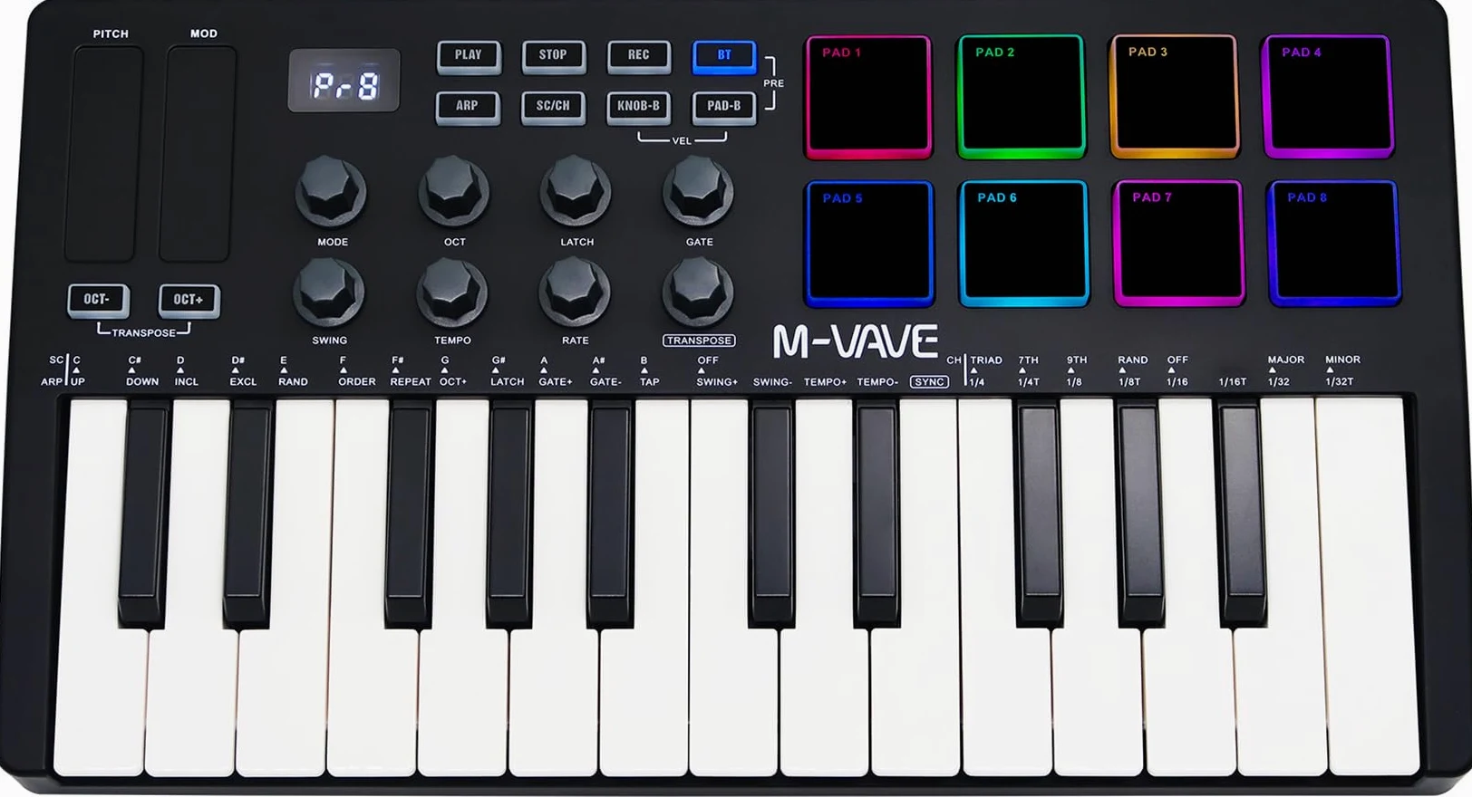 M-VAVE 25 tasti 8 retroilluminati Drum Pads Tastiera MIDI - Beat Maker professionale e Keytar per la produzione musicale Tastiera Batteria integrata Connessione wireless, Nero, MIDI 8 PADS