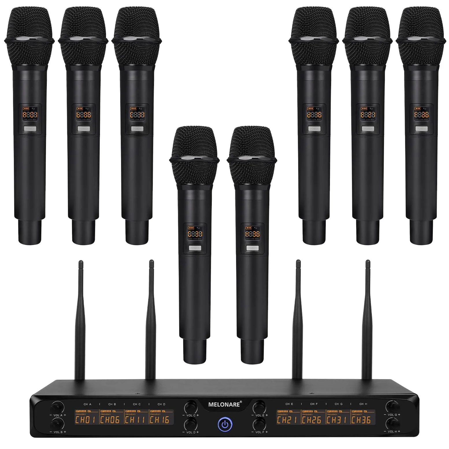 MELONARE Sistema di microfoni wireless UHF 500MHz a 8 canali MWM-81F | 8 x 5 frequenze, portata 73,2 m, microfoni dinamici a mano, canto, karaoke, chiesa, riunioni, matrimoni