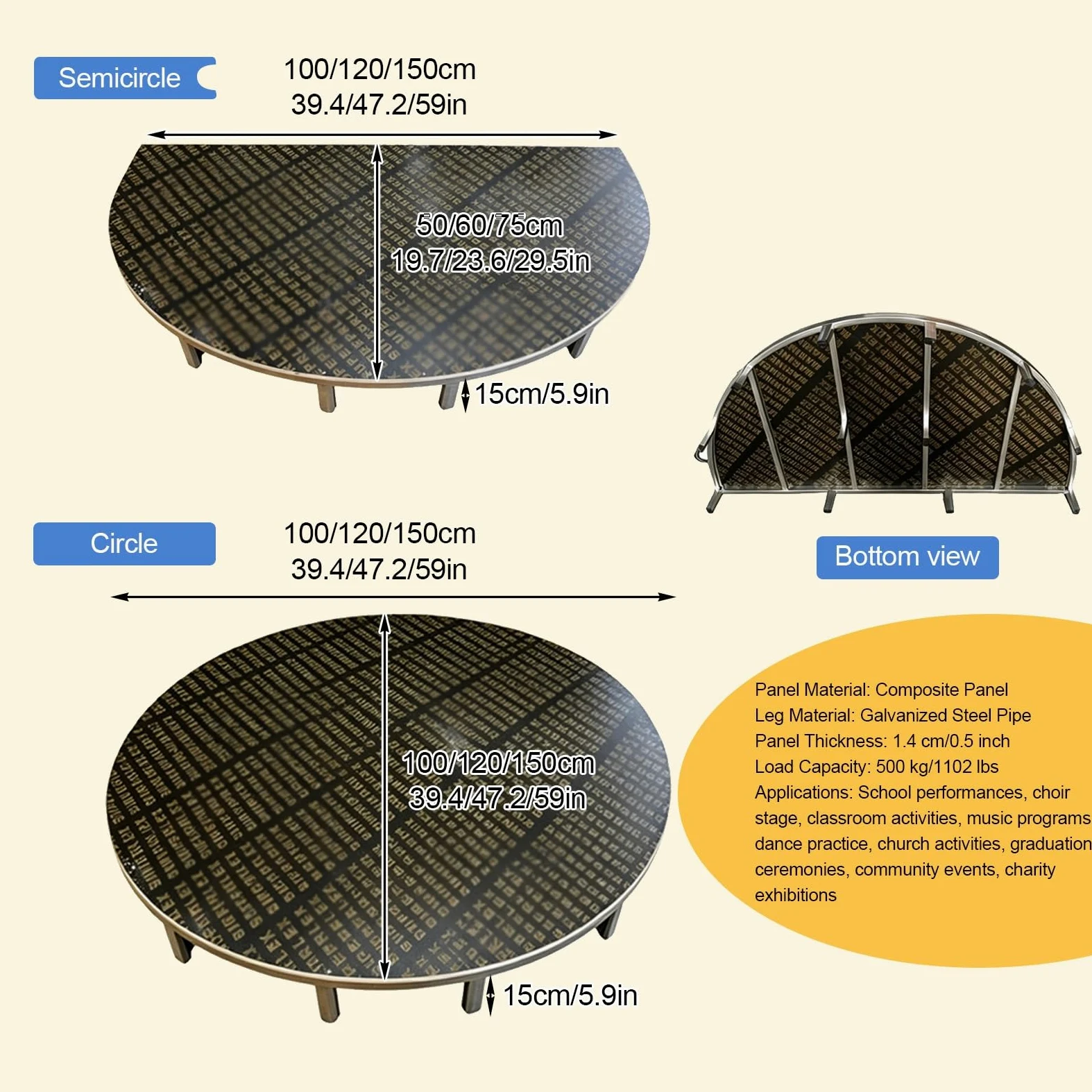 Palcoscenico portatile semicircolare/rotondo, piccolo palco con gonna, elevata capacità di carico, mini palco per spettacoli corali, eventi scolastici e in classe(Gray B,120x60cm)