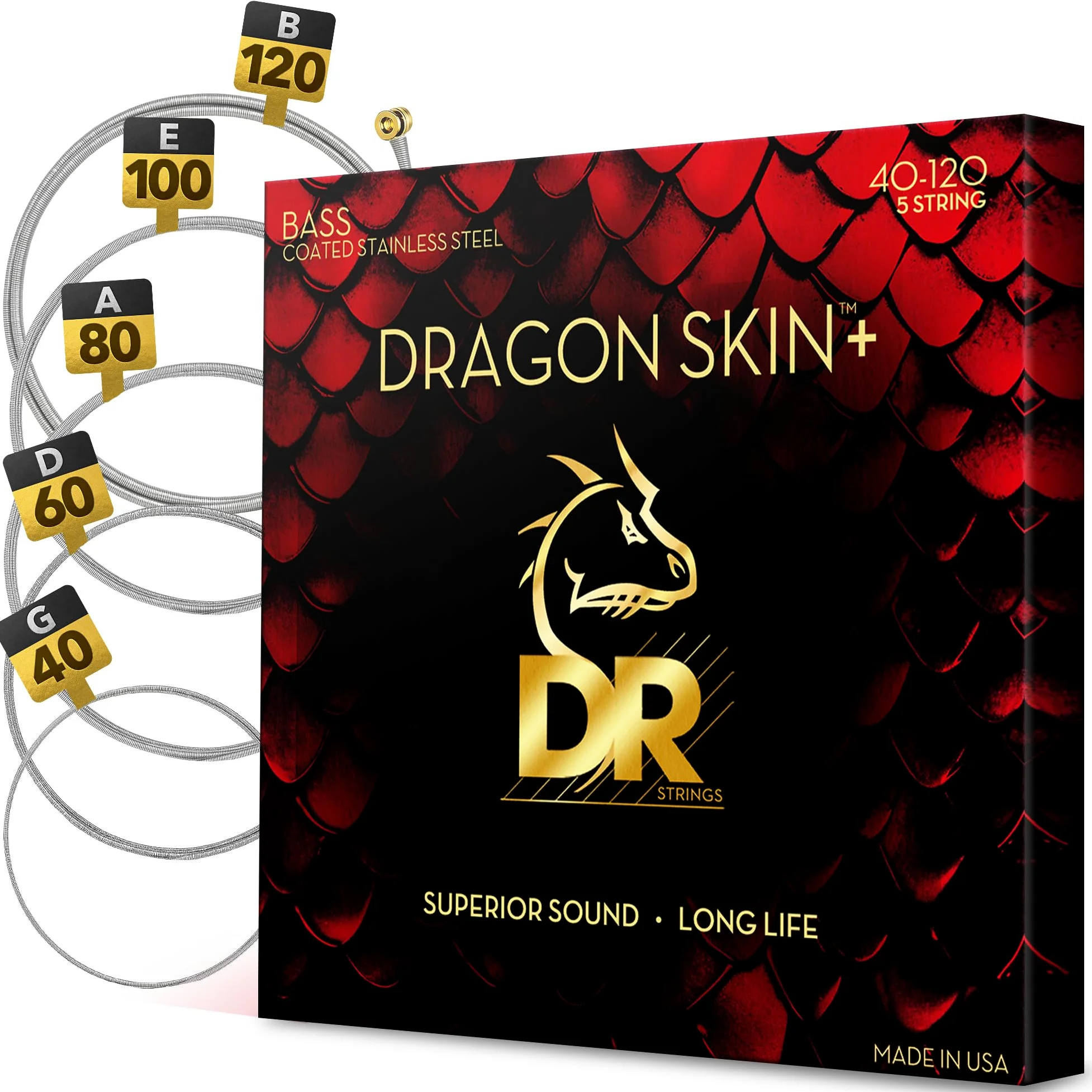 DR Strings DRAGON SKIN+ - Corde per basso in acciaio inox rivestite, DBS5-40, suono superiore con sensazione confortevole e lunga durata: 5 corde leggere 40-120