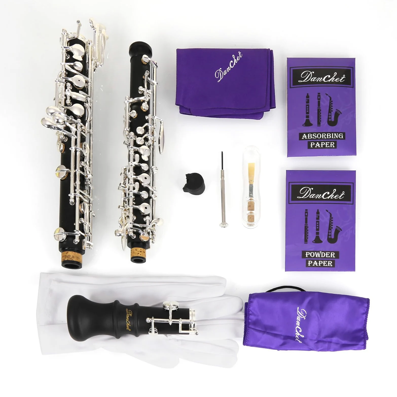 Oboe Beginner Student Level ABS Corpo Argento Semiautomatico C-Ton con foglia di tubo, panno per la pulizia, bastoncini, carta cipria, carta assorbente, supporto per pollice, cacciavite, guanti,