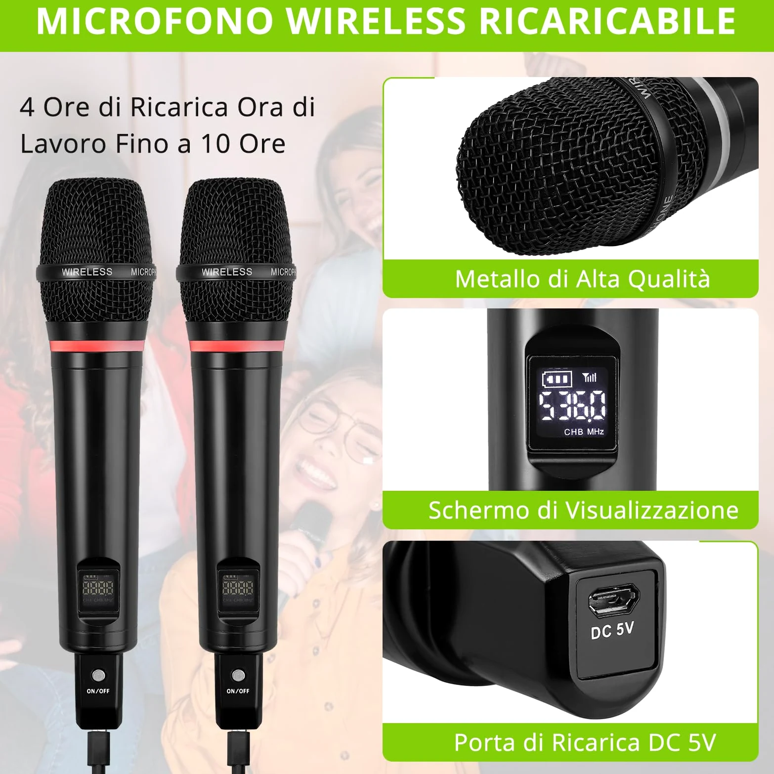 LiNKFOR Microfono Wireless UHF Ricaricabile Bluetooth 5.0 Doppio Microfono Portatile in Metallo, Ingresso/Uscita RCA, Uscita 6,35 mm Microfono Senza Fili per Macchina Karaoke, Mixer, Sound Bar