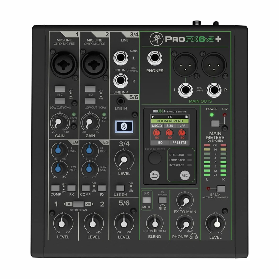 Mackie Mixer analogico a 6 canali serie ProFX6v3+ per registrazioni di qualità da studio e live streaming con modalità FX avanzate, registrazione USB e Bluetooth