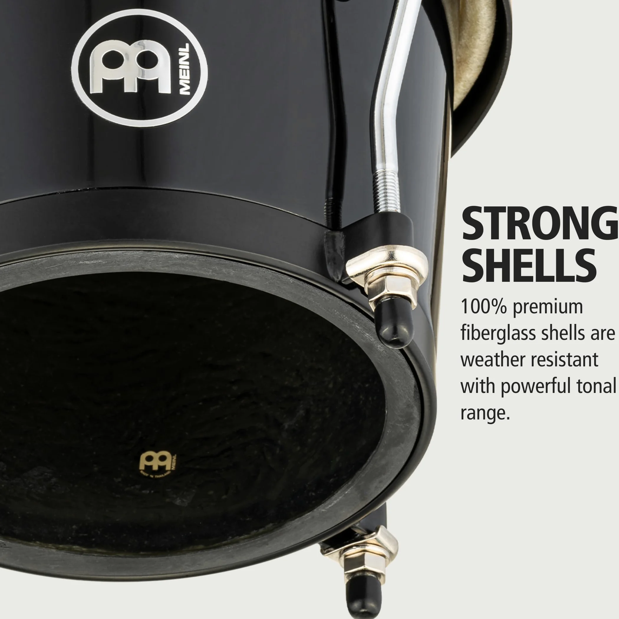 Meinl Percussion Bongos Headliner Fiberglass - 2 Tamburi a Mano da 6.75 e 8 Pollici - Chiave Accordatura Inclusa - Fiberglass Premium, Black (HFB100BK)