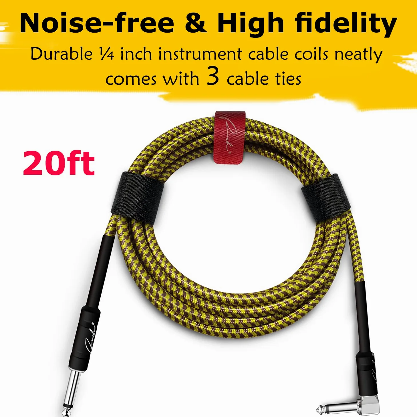 Ranch Confezione da 2 cavi a spirale da 6,1 m per strumenti elettrici e basso, da 1/4 ad angolo retto, per chitarra elettrica, basso, mandolino, Pro Audio, oro