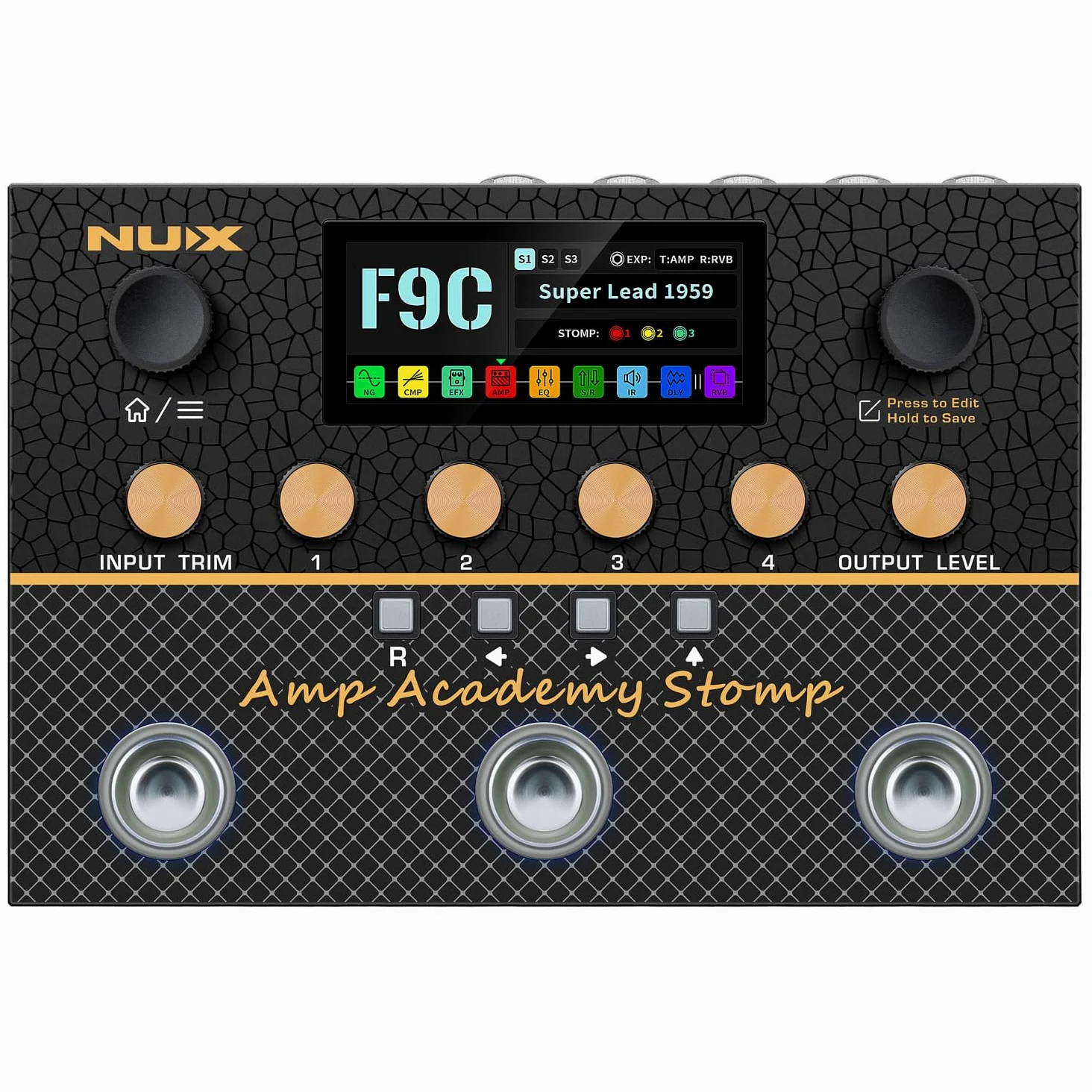 NU-X | Amp Academy Stomp Pedal | Pedale multi-effetto per chitarra con modellazione amplificatore, Bluetooth, Looper, interfaccia audio USB e catena di segnale personalizzabile per esercitarsi con