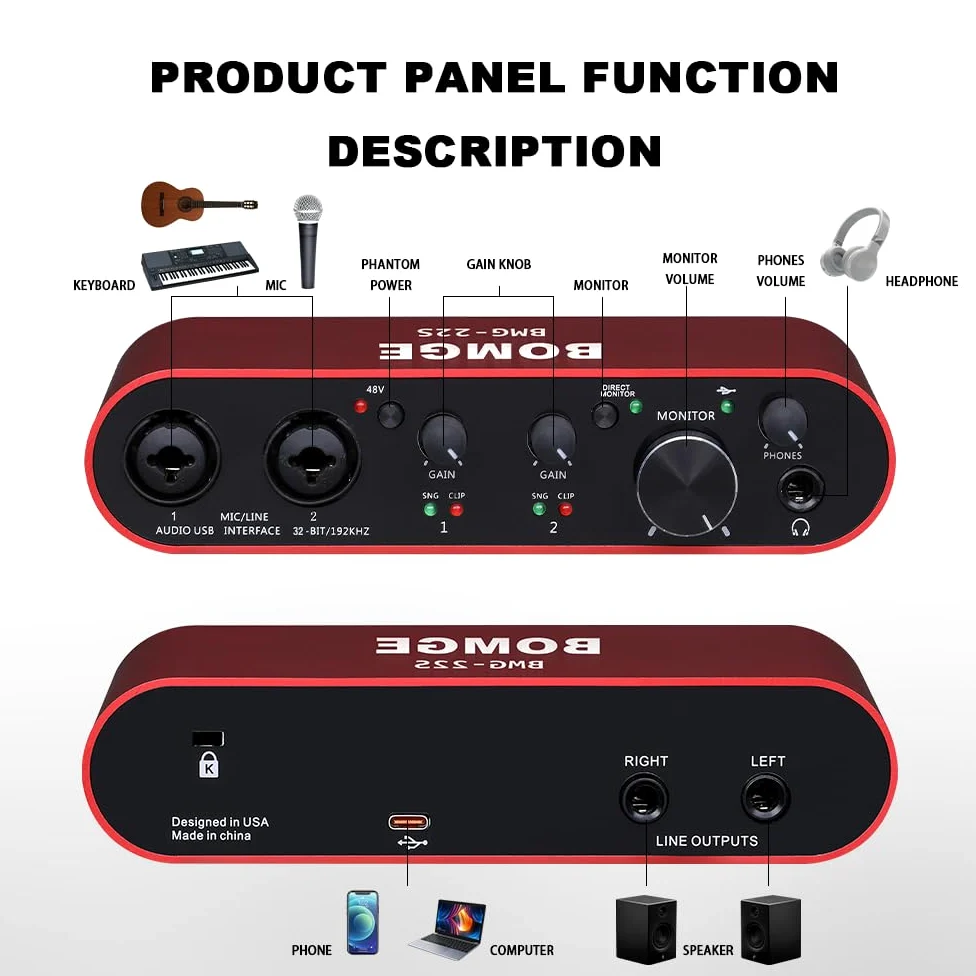 BOMGE Interfaccia audio USB alimentazione phantom XLR/48V, 32bit/192kHz ad alta fedeltà, per interfaccia mixer audio da studio per chitarristi, cantanti, podcaster, produttori, plug and play
