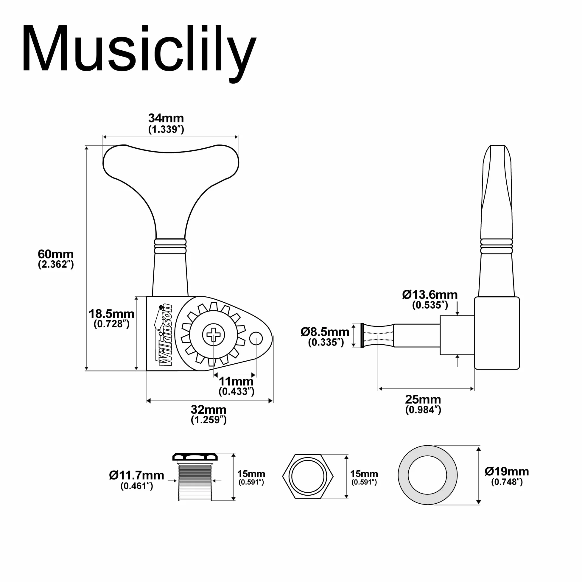 Wilkinson WJB750 L2+R2 Meccaniche Basso Ratio 1:20 Bass Tuners Tuning Pegs per Basso Elettrico 4 Corde Ibanez Style, Dorato