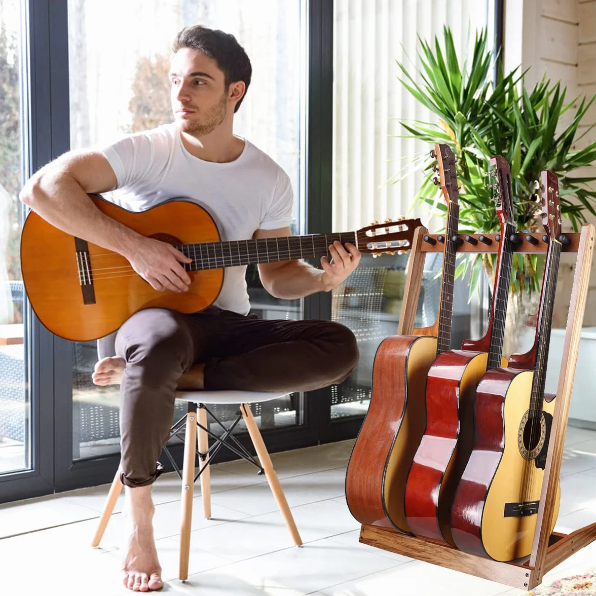 KingPoint Supporto per chitarre multiple in legno, supporto per chitarra multi-testa, organizer per chitarra, con fessura per plettri per chitarra, adatto per chitarre di tutte le forme