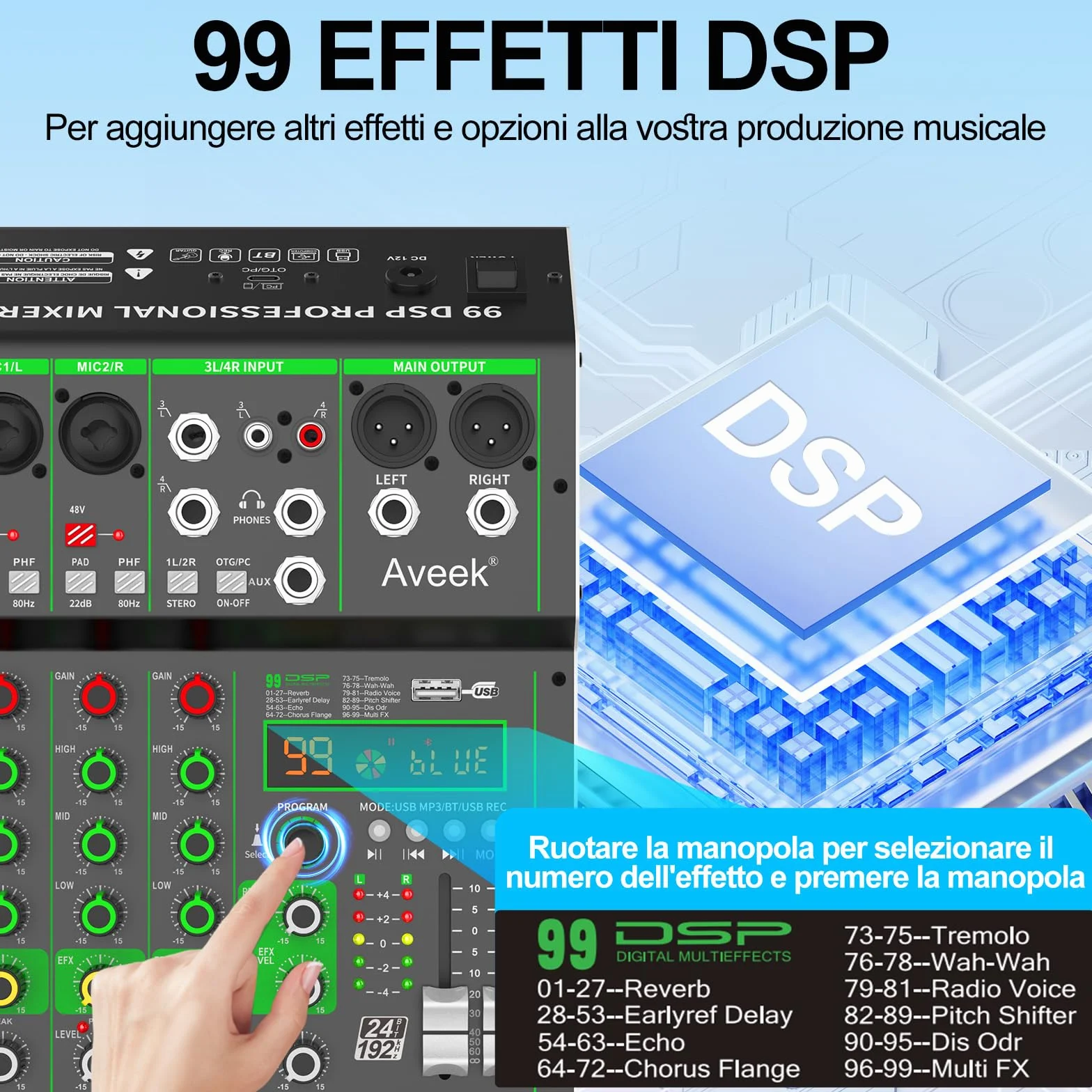 Aveek Mixer Audio, Console di Mixaggio Professionale con Ingresso USB/Bluetooth/Computer/4 Canali Stereo DJ Mixer, 48V Phantom Digital 99 DSP Effect per PC Registrazione Karaoke Studio Streaming