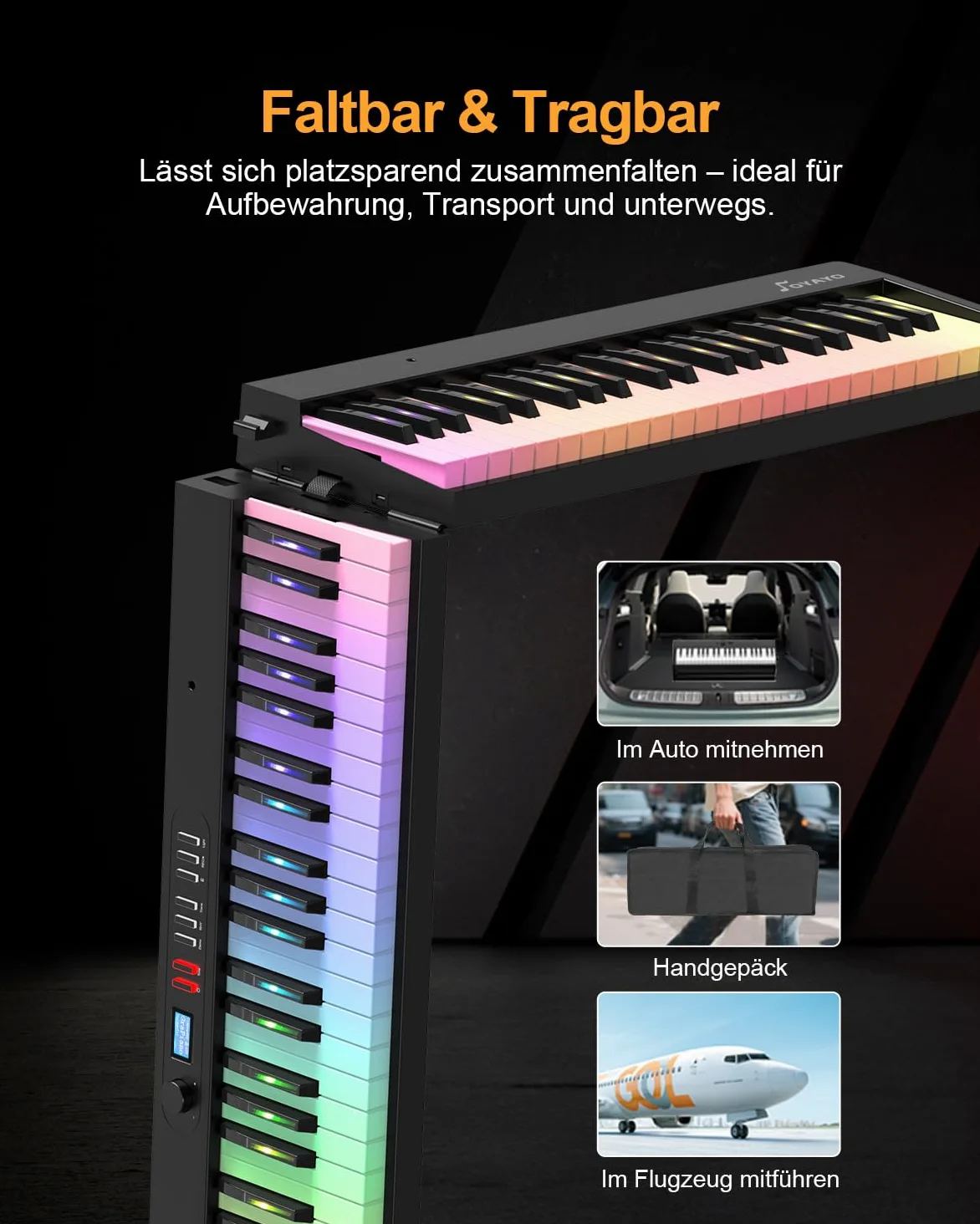 Pianoforte digitale pieghevole, 88 tasti, tastiera semiponderata con tasti luminosi colorati, Bluetooth MIDI E, tastiera portatile per principianti, adulti e bambini