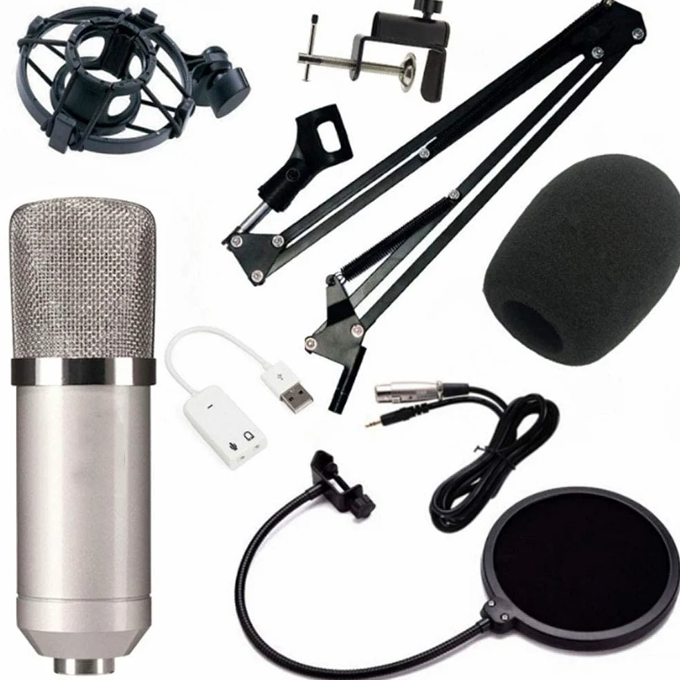 Kit Microfono a condensatore, Microfono a condensatore per webcast, Set di staffe per Microfono con Scheda Audio USB Blowout Prevention Net