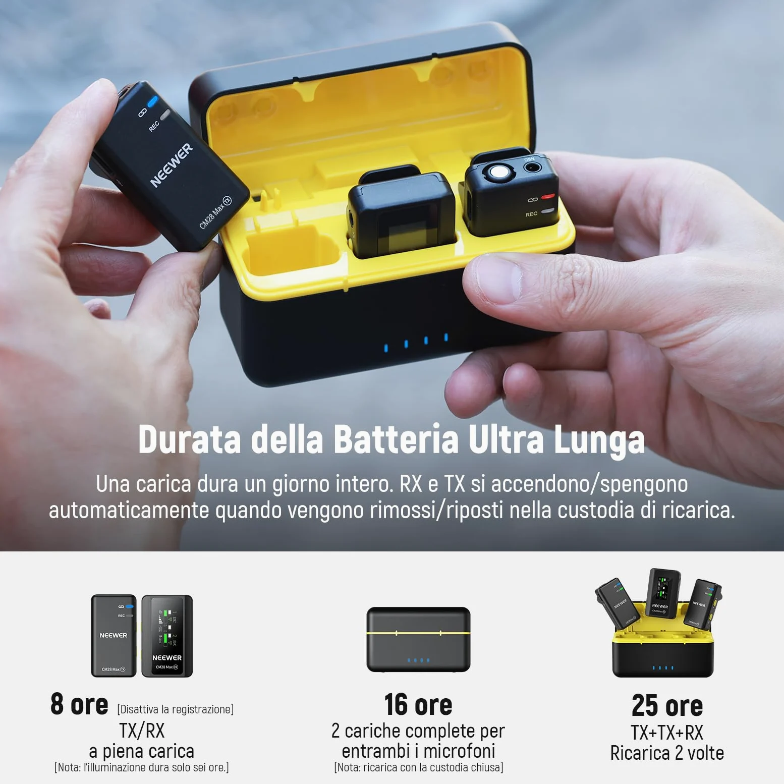NEEWER CM28 Max Microfono Lavalier Wireless a Bavero con Custodia di Ricarica, Non Compresso 48KHz 24Bit 8GB, 25H di Registrazione Video, Anti Rumore, Mini Mic per iPhone iPad Android Fotocamera PC