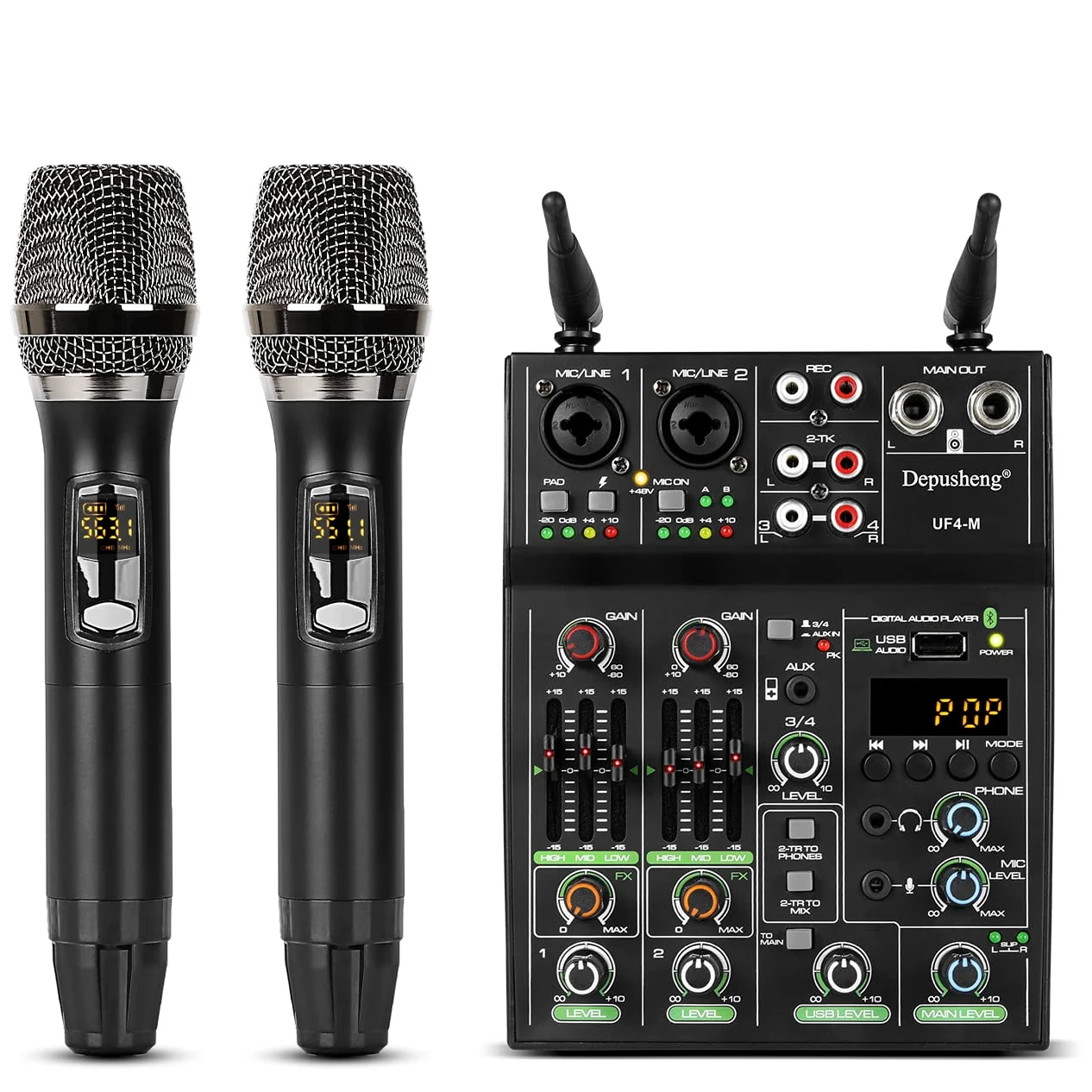 Depusheng UF4-M Studio Audio Sound Mixer Board - 4 canali Bluetooth compatibile Professional Portable Digital DJ Mixing Console con microfono wireless - Mixing Board per la registrazione in studio