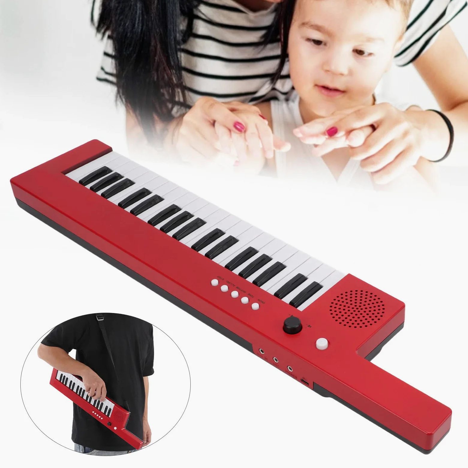 Tastiera portatile a 37 tasti, pianoforte, chitarra, organo, mini keytar, strumento musicale educativo stereo naturale per principianti (BF-3755 rosso)