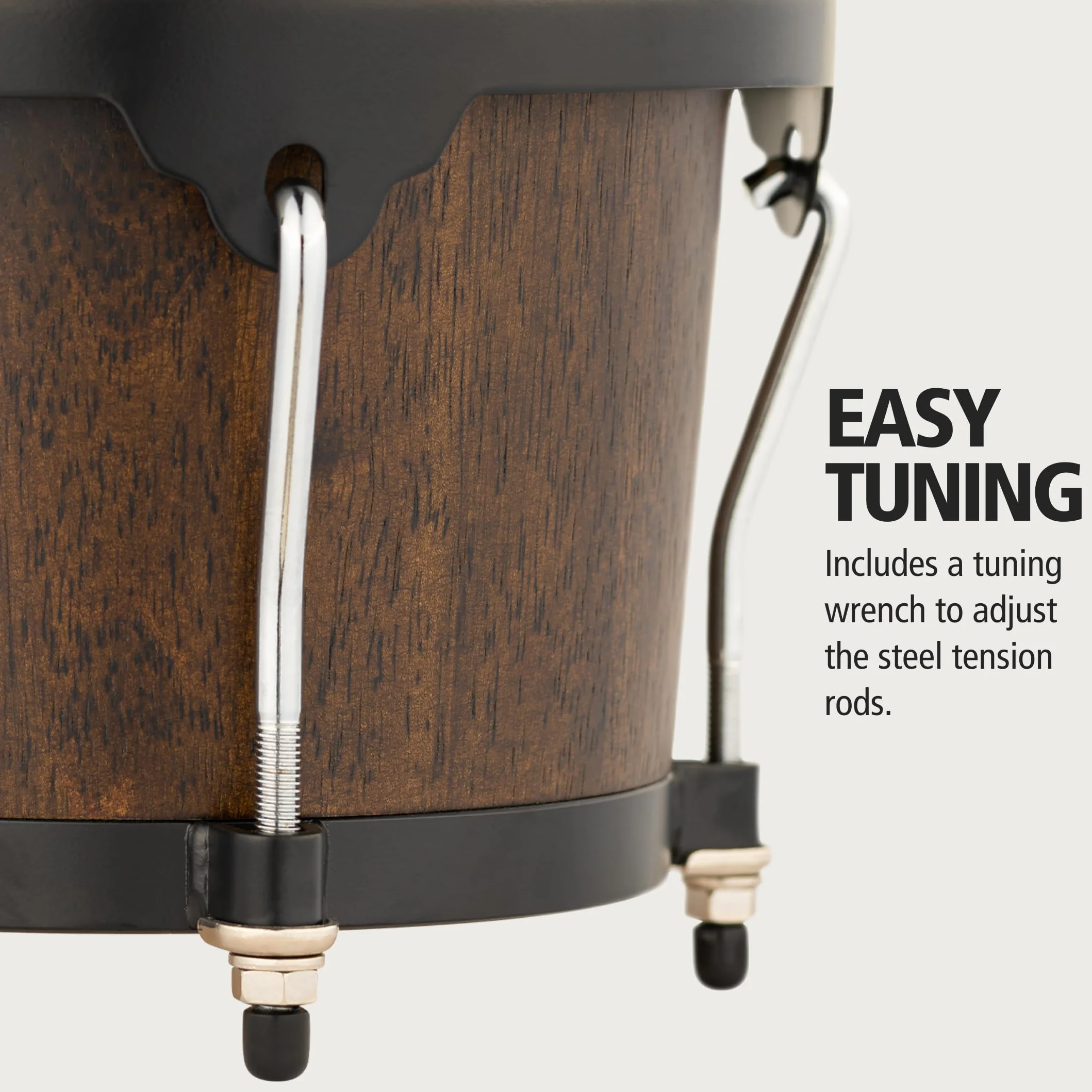Meinl Percussion Bongos Headliner Wood - 2 Tamburi a Mano da 6.75 e 8 Pollici - Chiave Accordatura Inclusa - Quercia del Siam, Black (HB100VWB-M)