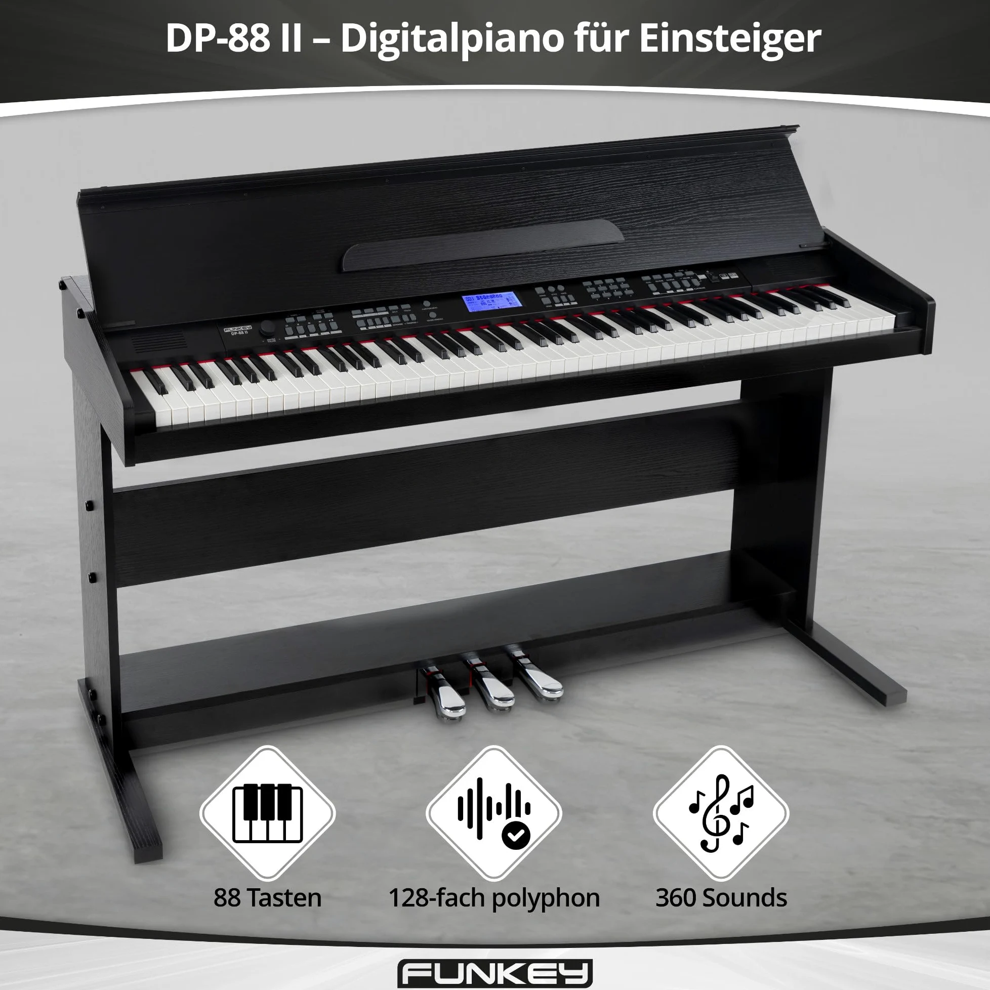 FunKey DP-88 II Pianoforte digitale nero Set con panca economy, cuffie e guida (tedesco)