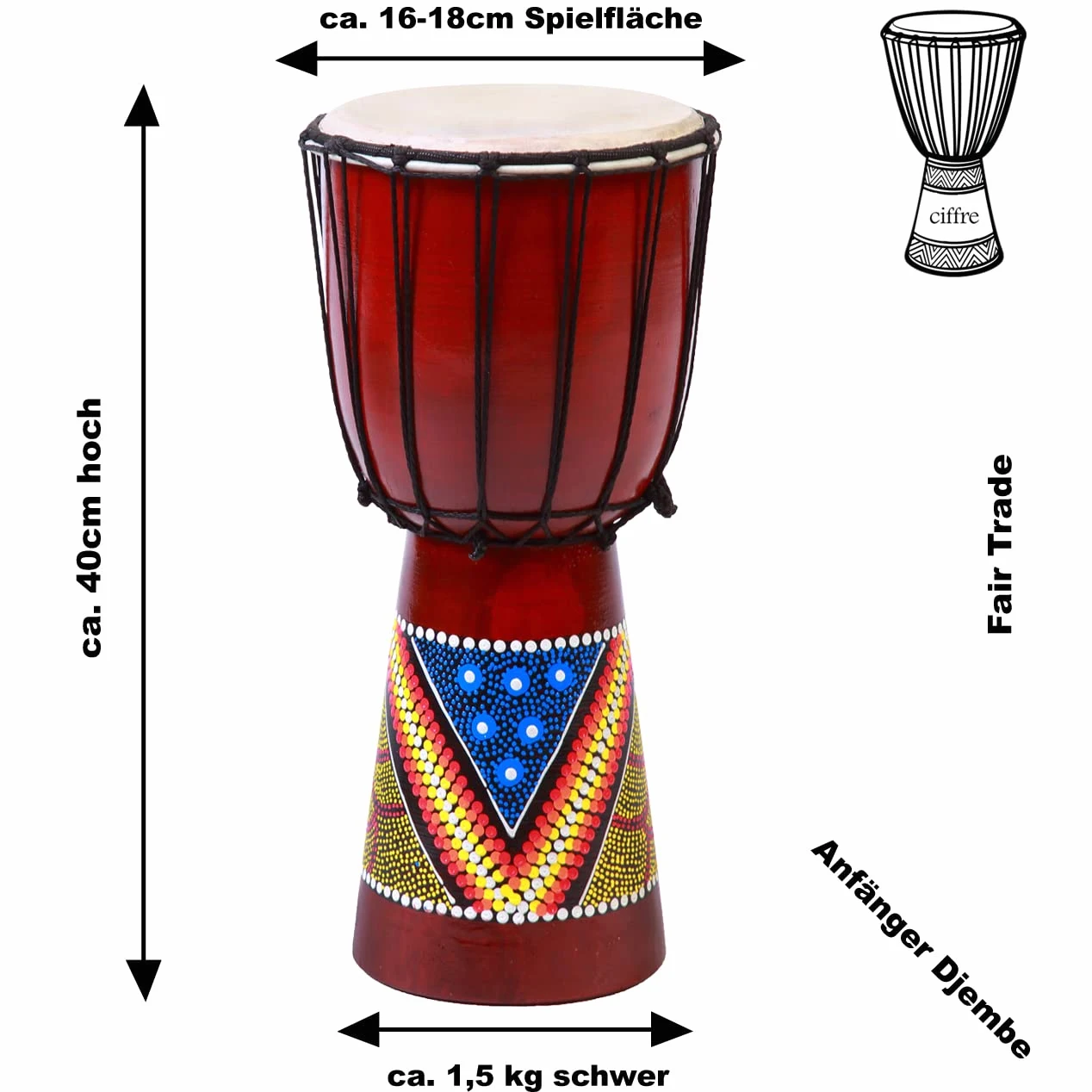 40cm Djembe Trommel Bongo Holz Buschtrommel Drum Fair gehandelt