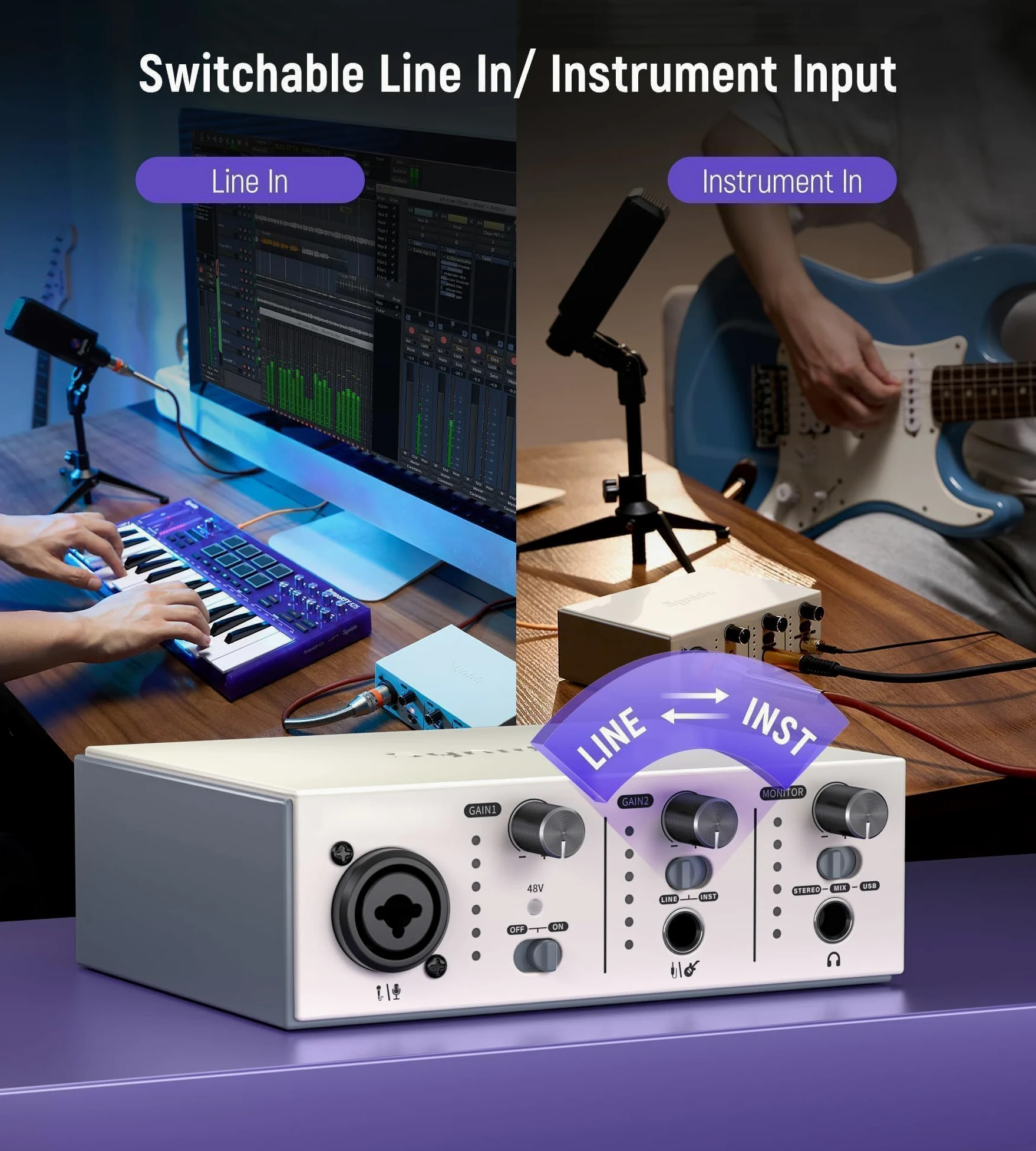 Synido Interfaccia audio USB C per la registrazione di musica, streaming, podcasting con XLR, ingresso di linea, 24 bit/48 kHz, alimentazione phantom 48 V, 2 canali, argento