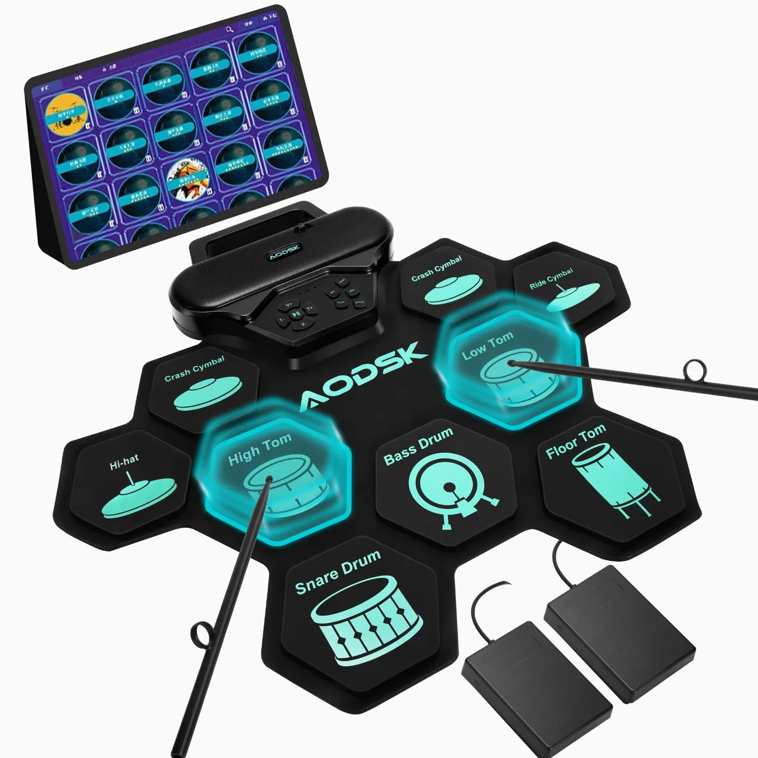 AODSK Set batteria elettronica, 9 pad per esercitarsi con jack per cuffie, macchina arrotolabile con altoparlante integrato, pedali, bacchette, ottimo regalo per Natale, compleanno