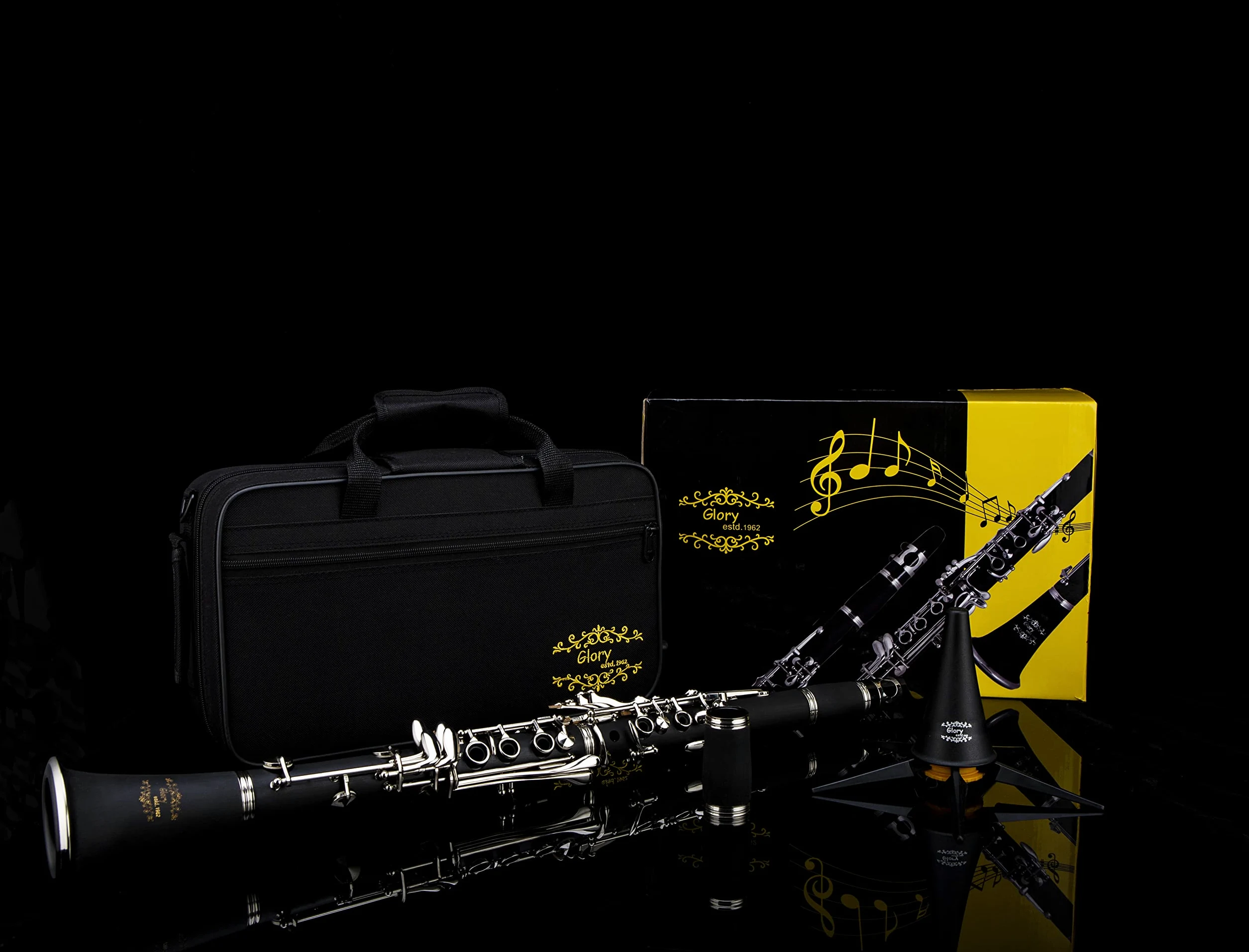Glory GLY-PBK - Clarinetto professionale in ebanite con 10 ance, supporto, custodia rigida, panno per la pulizia, spazzola per bocchino e spazzola per cuscinetto, nero