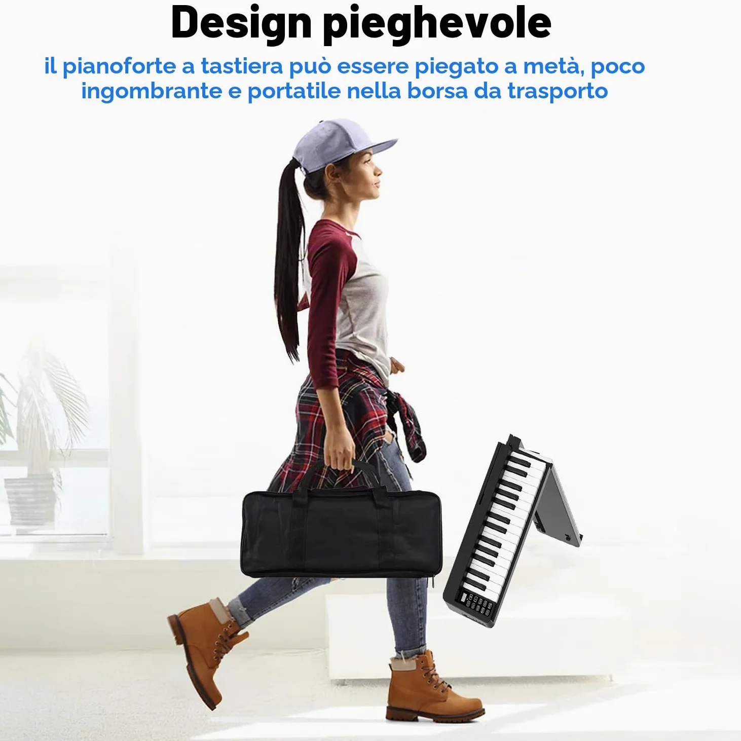 Pianola per Scuola Media，Tastiera 61 Tasti，Pieghevole Tastiera Elettronica Portatile, con Tasti a Grandezza Standard Leggio Pedale Sustain MIDI Bluetooth e Borsa