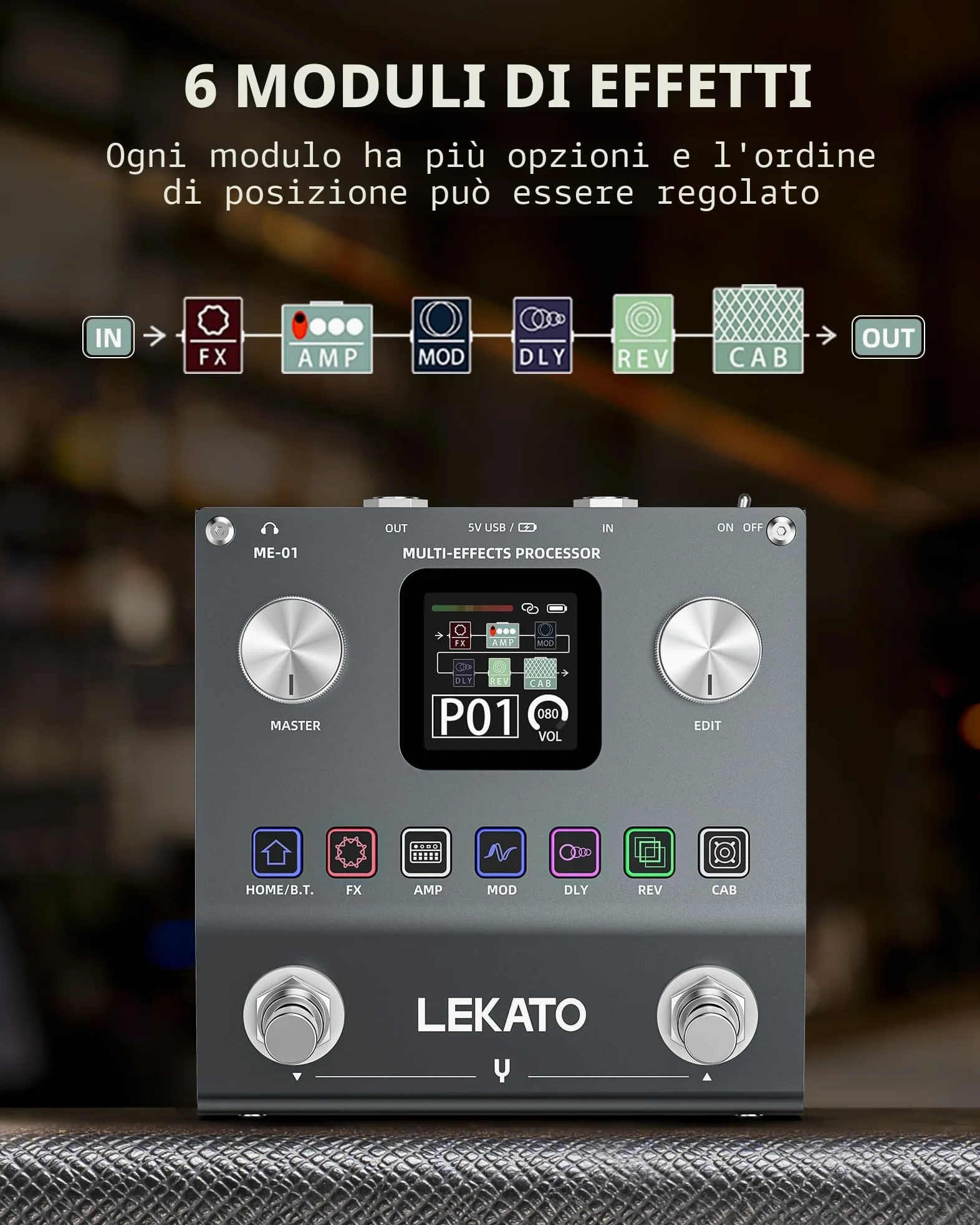 LEKATO Pedale Multi-Effetti per Chitarra, Processore di Effetti per Basso Ricaricabile con 6 Moduli Effetti, 80 Preset Editabili, Modifica APP, Caricamento IR, Registrazione OTG, Funzione BT