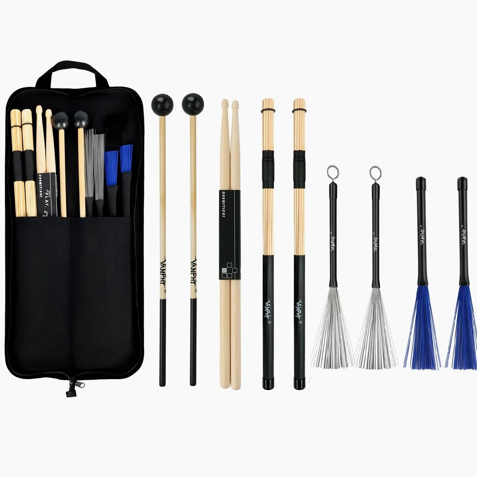 Il set include 5 paia di bacchette per batteria, set di pennelli con custodia portatile, accessori per strumenti a percussione, per esercitazioni di batteristi acustici, rock band, studenti