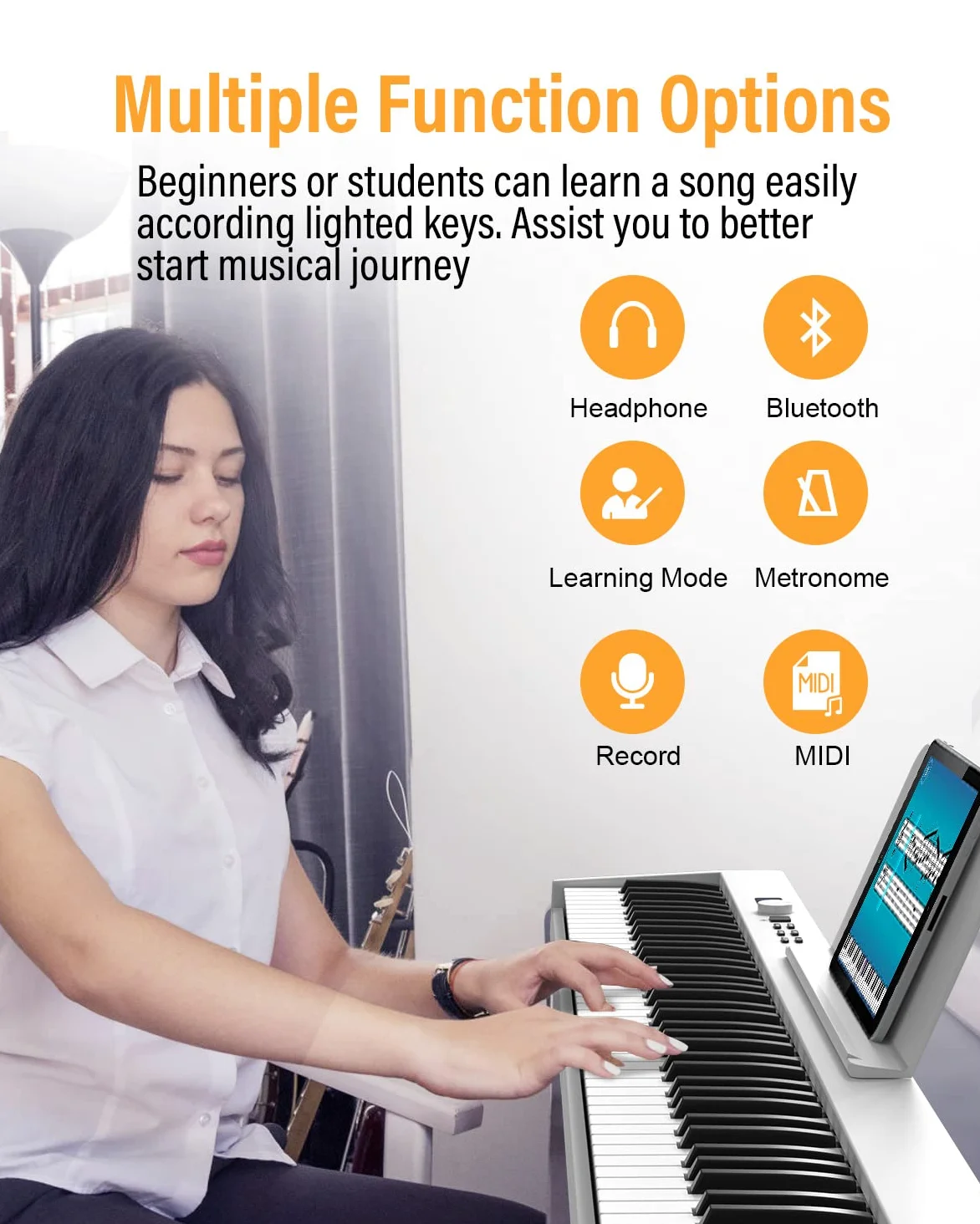 Piano con 88 tasti, pianoforte pieghevole con schermo LCD e tasti semi-ponderati, supporto MIDI Bluetooth, tastiera digitale con tasca per pianoforte, regalo di compleanno (bianco)