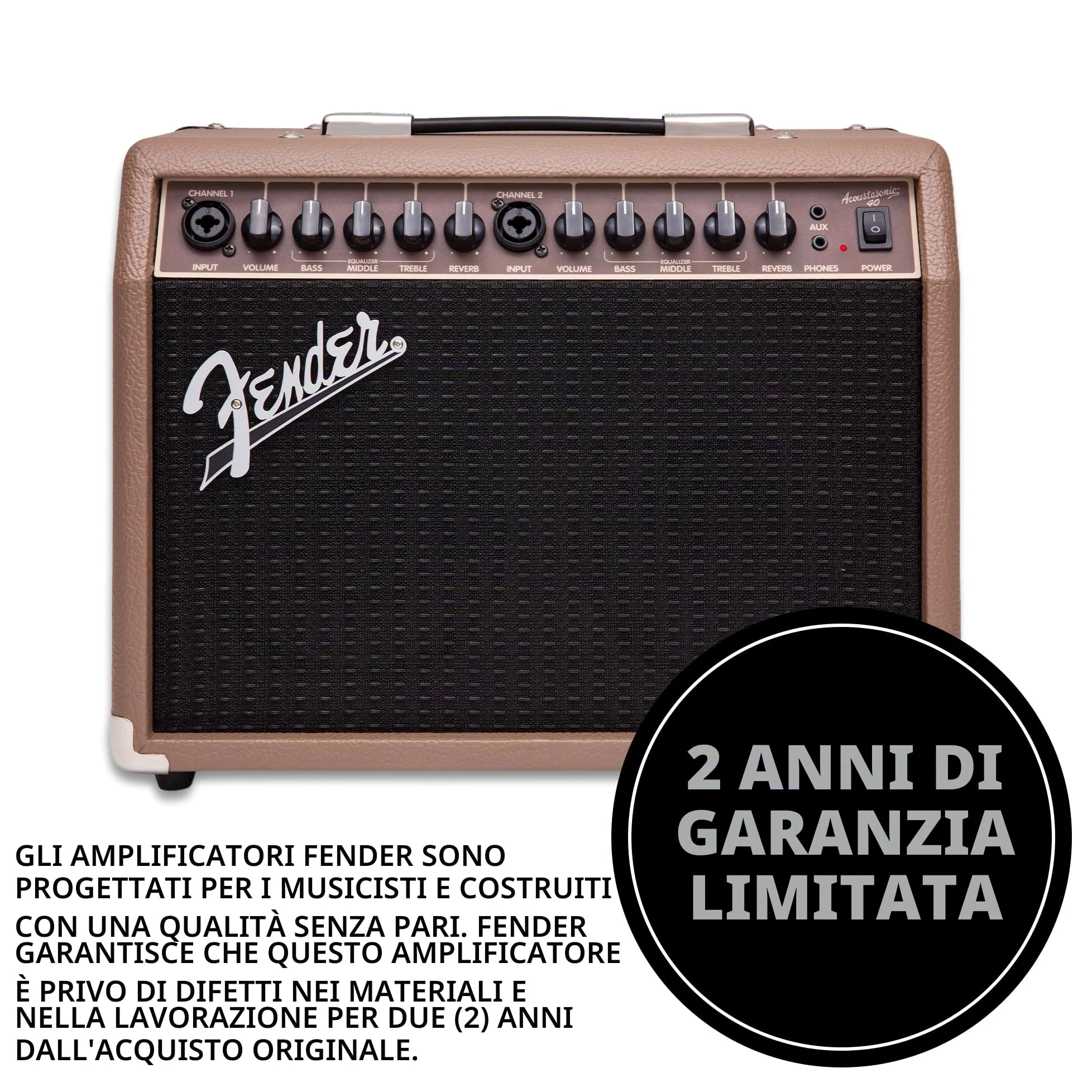Fender Acoustasonic - Amplificatore per chitarra acustica, 40 Watt, portatile, con doppio altoparlante da 6,5", riverbero integrato, ingressi XLR/1/4", marrone/grano, con garanzia di 2 anni