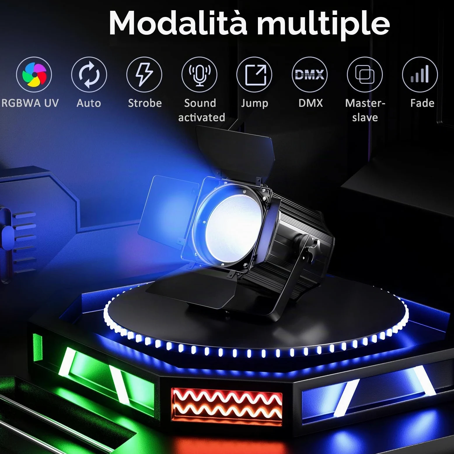 200W COB LED Par faretto 6 in 1 RGBWA+UV Luci da Palcoscenico 3500~7500 K par led con DMX/Sound/Master-slave COB luce Fari per palco, DJ, feste, matrimoni, chiese dramma