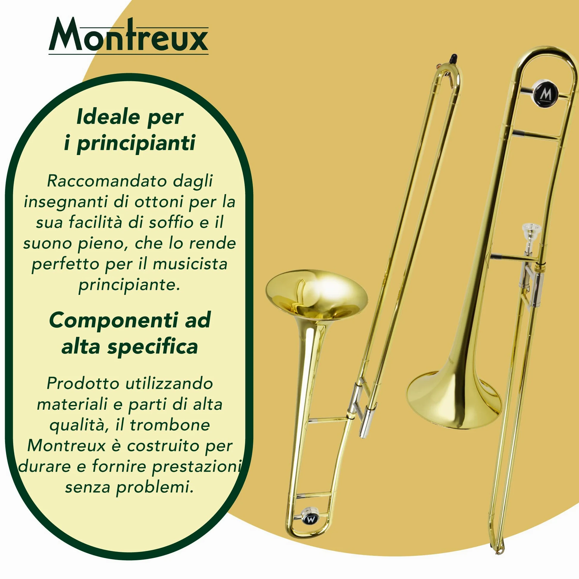 Montreux Student Trombone in Sib per Principianti con Custodia Protettiva Leggera, Bocchino 12C - Ottone Laccato, Campana da 8"/20 cm, Si Bemolle