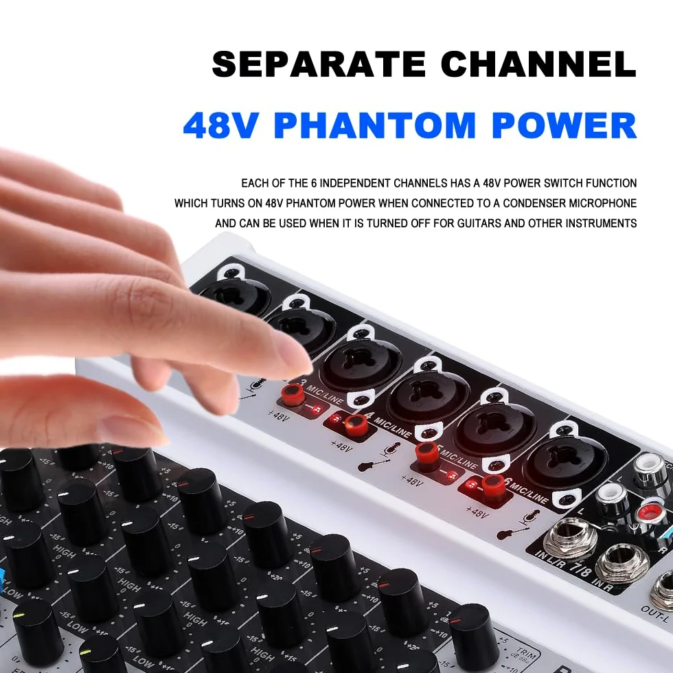 BOMGE 8 channel mini audio mixer Line Mixer ，DC 5V，with MP3 Player,Bluetooth, U disk 48V,24DSP effects, USB recording Ideal for Small Clubs or Bars, Studio Recording (8 channels-WHITE)