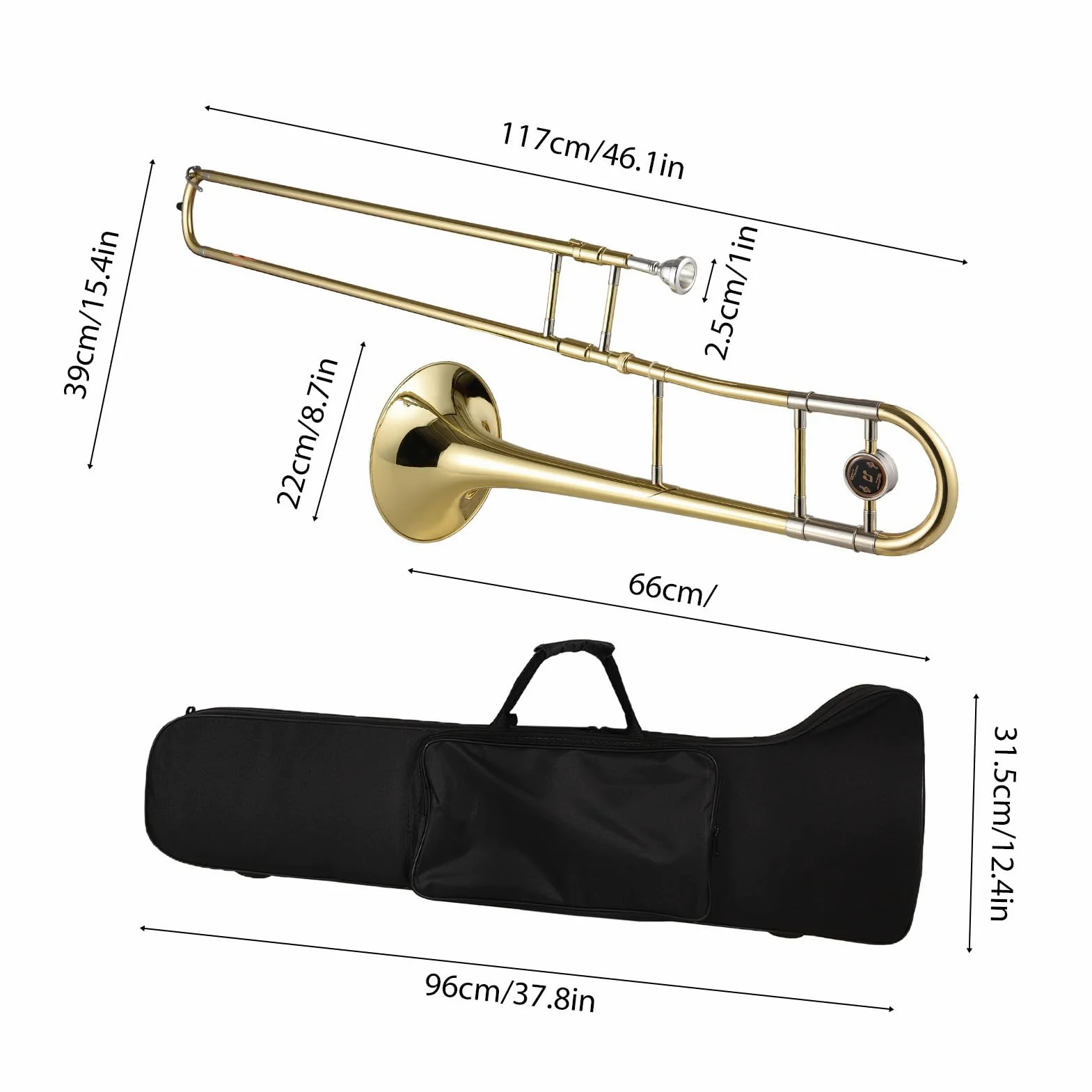 Trombone tenore in SIB per Principianti,Studenti,Strumento Trombone Placcato in Ottone,Trombone tenore a Coulisse in SIB con bocchino,Custodia per Il Trasporto,Guanti Bianchi,Panno per la