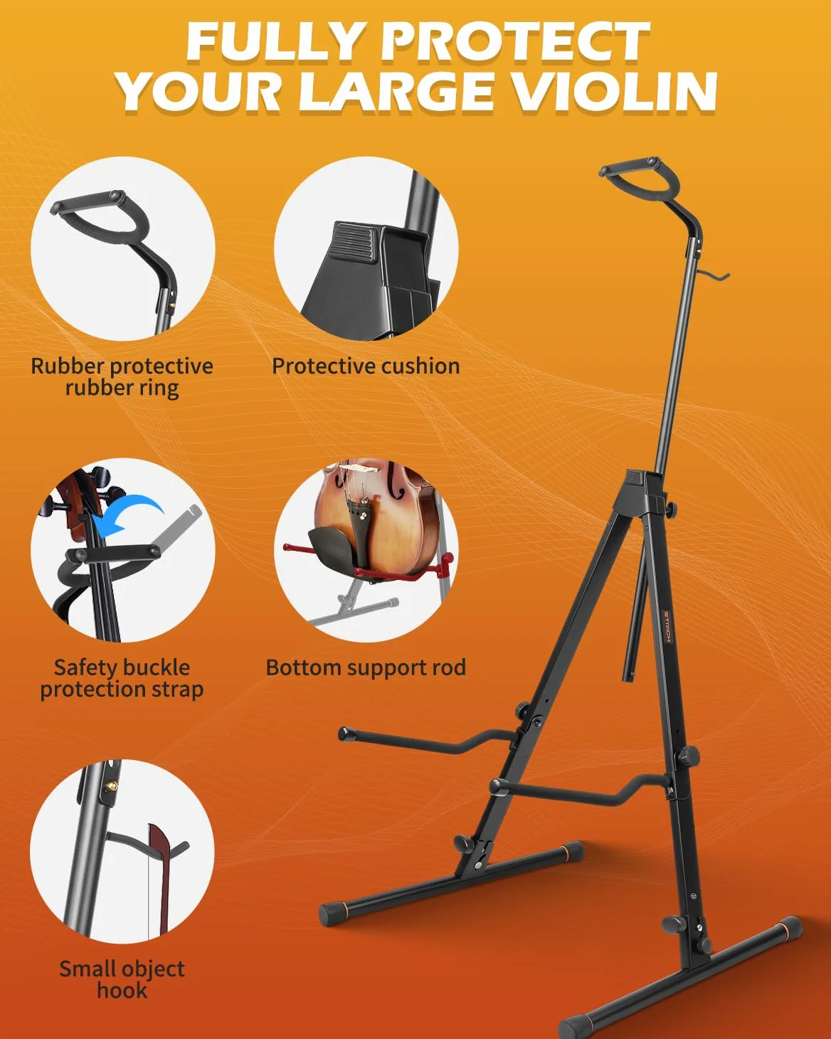 STRICH supporto regolabile per violoncello con gancio per arco, robusto, adatto a contrabbasso, violino basso, fiddle, per studio, chiese, viaggio e performance, modello SCS-10