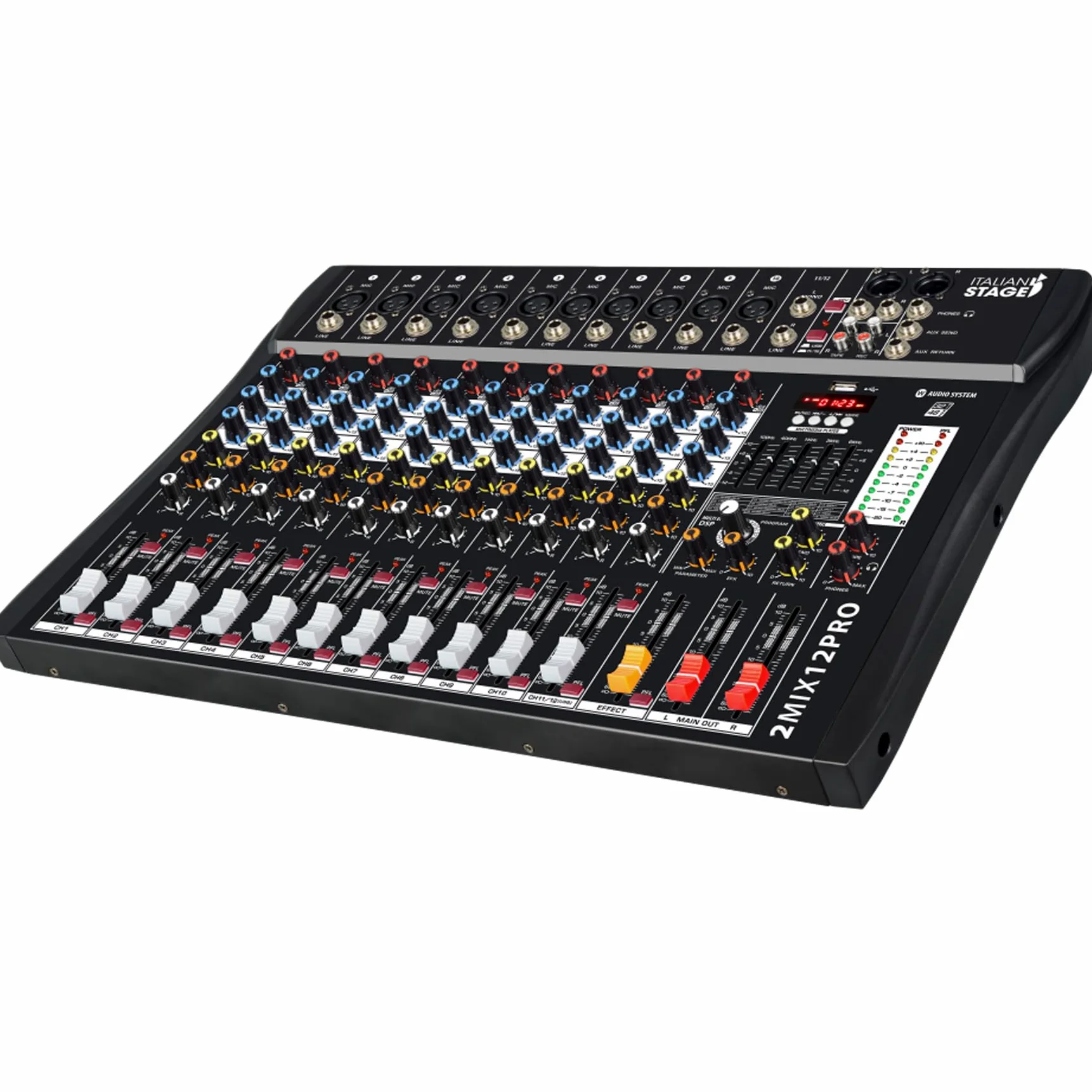 Italian Stage IS 2MIX12PRO - Mixer audio stereo 12 canali + DSP Multi FX, Lettore/registratore USB integrato e Bluetooth, Nero