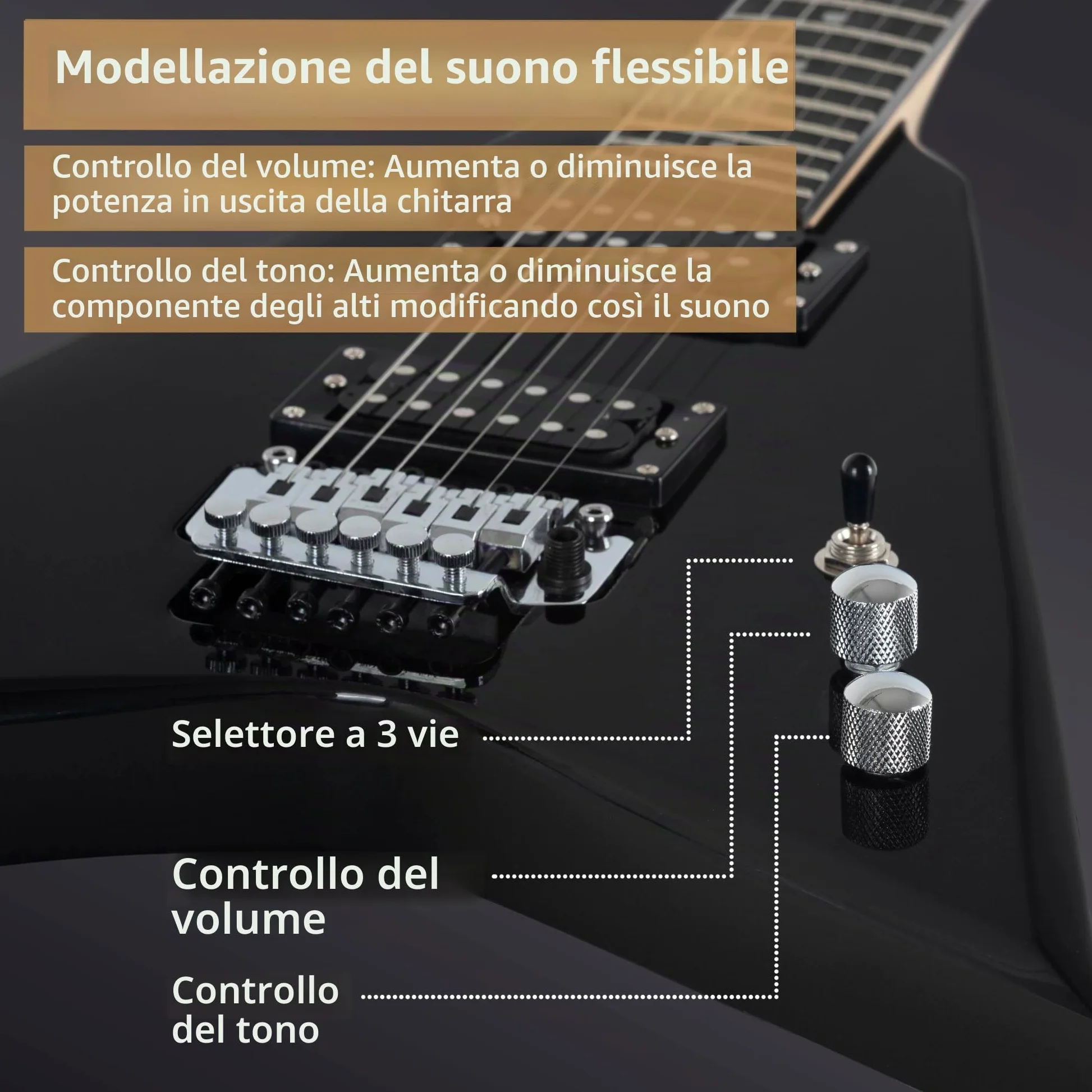 Rocktile MG-3013 Blade Chitarra Elettrica - Serie Heavy a 6 corde con corpo in tiglio, manico in acero, 2 Humbucker, FR-Style Tremolo, 22 tasti, scala 25,5" Mensur, cavo e accessori - Black