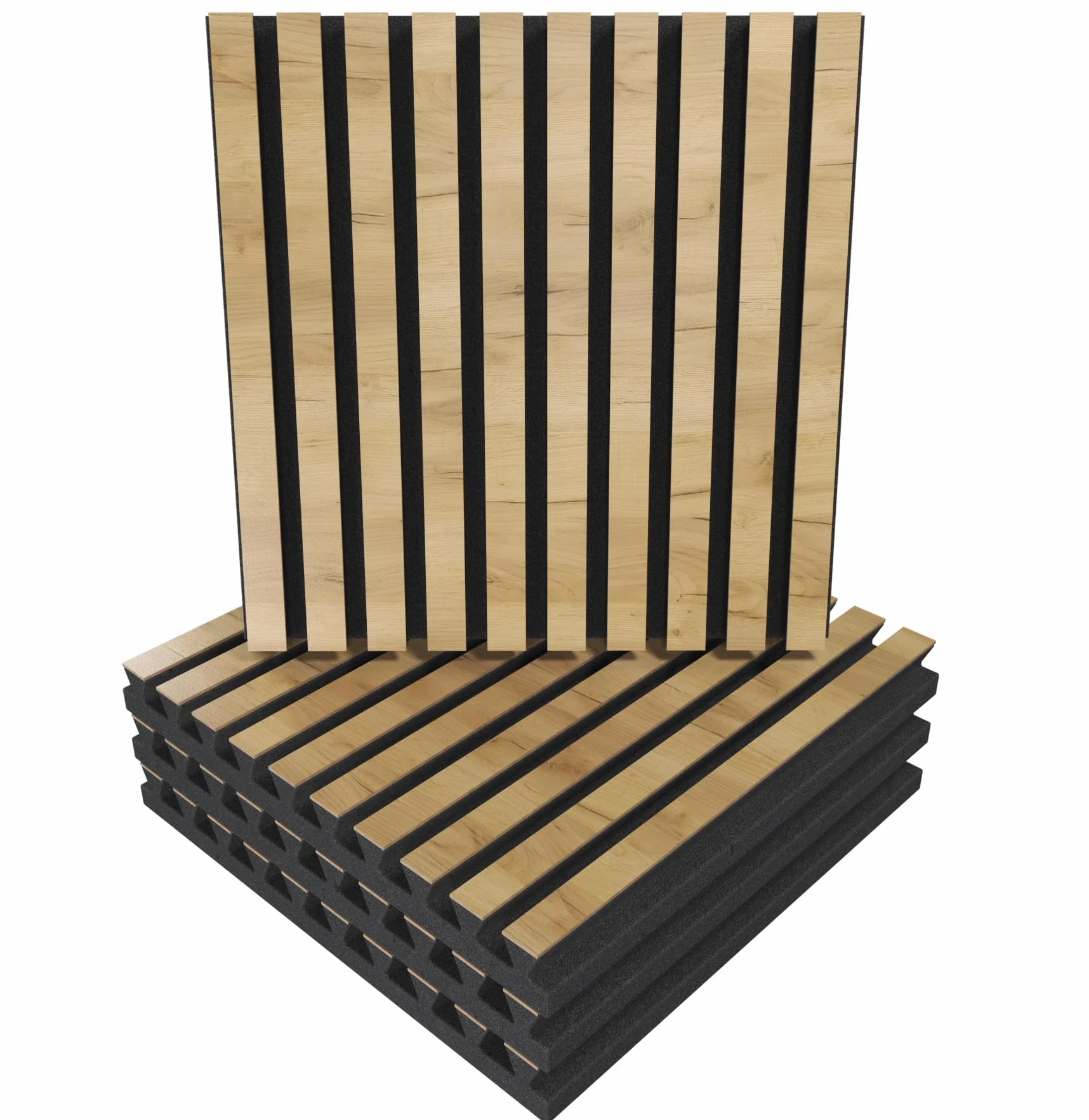 Set di 4 Pannelli acustici fonoassorbenti e diffusivi a doghe | 50x50x5cm | Assorbimento - Diffusione - Riflessione - Insonorizzazione | Legno laminato: [x4 POLE | Rovere]