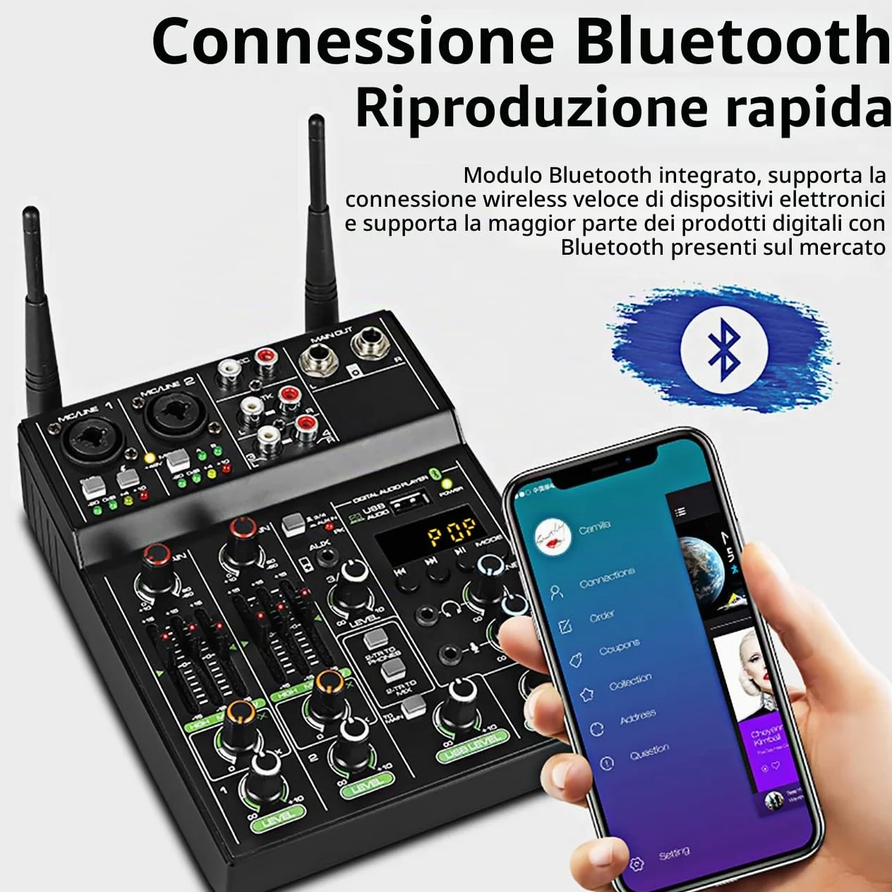 Depusheng UF4-M Studio Audio Sound Mixer Board - 4 canali Bluetooth compatibile Professional Portable Digital DJ Mixing Console con microfono wireless - Mixing Board per la registrazione in studio