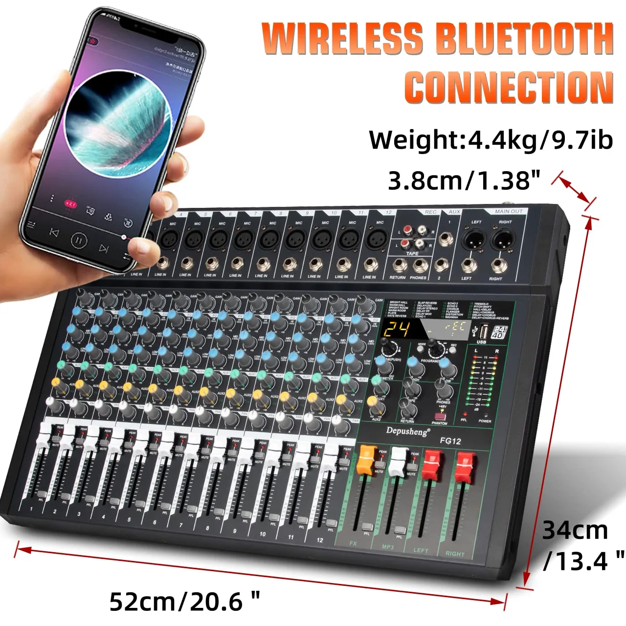 Depusheng FG12 - Mixer audio professionale a 12 canali per la registrazione del computer, interfaccia controller audio, mixer da studio 24 DSP integrato con alimentazione phantom da 48 V,Bluetooth