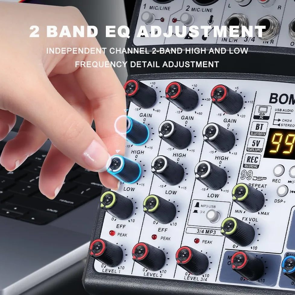 BOMGE Mixer audio professionale per DJ a 4 canali con 99 DSP interfaccia console di mixaggio karaoke da tavolo ingresso MP3 USB ingresso Bluetooth registrazione stereo alimentazione Phantom 48V