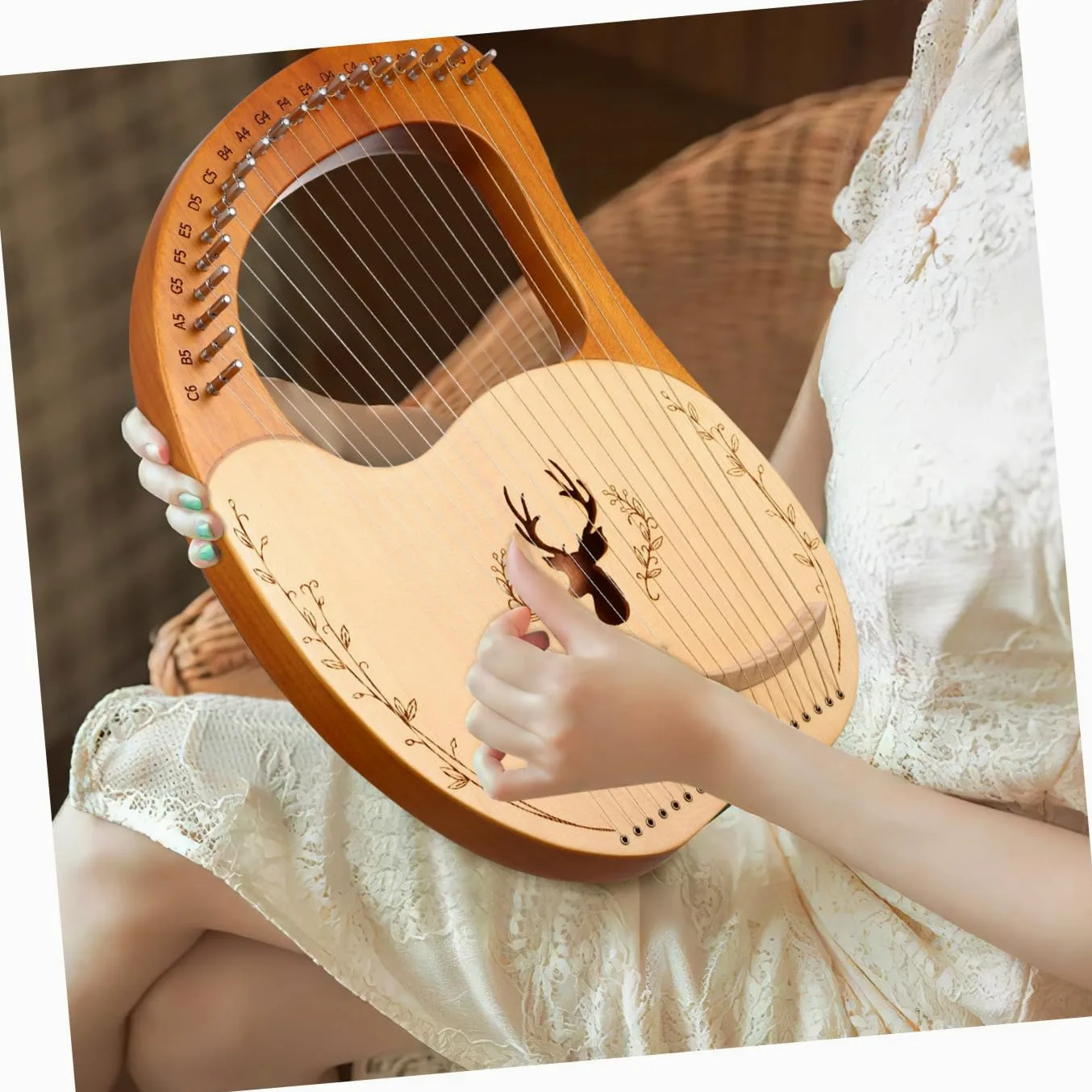 VICASKY Set di Lira Strumento Musicale con 19 Corde in Metallo, Accordatura Regolabile, Custodia in Poliestere e Chiave di Accordatura per Principianti, Legno con Bordi Arrotondati
