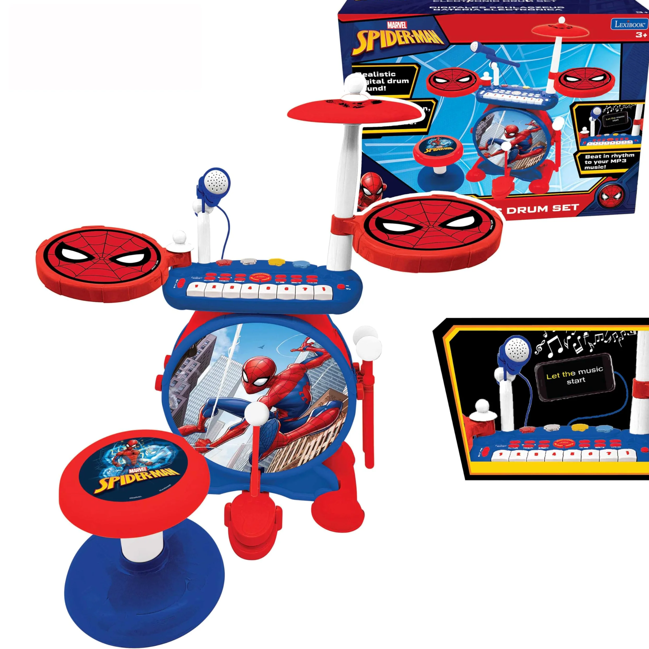 Lexibook Spider-Man Batteria Elettronica per Bambini, Suono di Batteria Realistico, Tastiera a 8 Note, Presa MP3, sedole Incluso, Blu/Rosso, K610SPLXB
