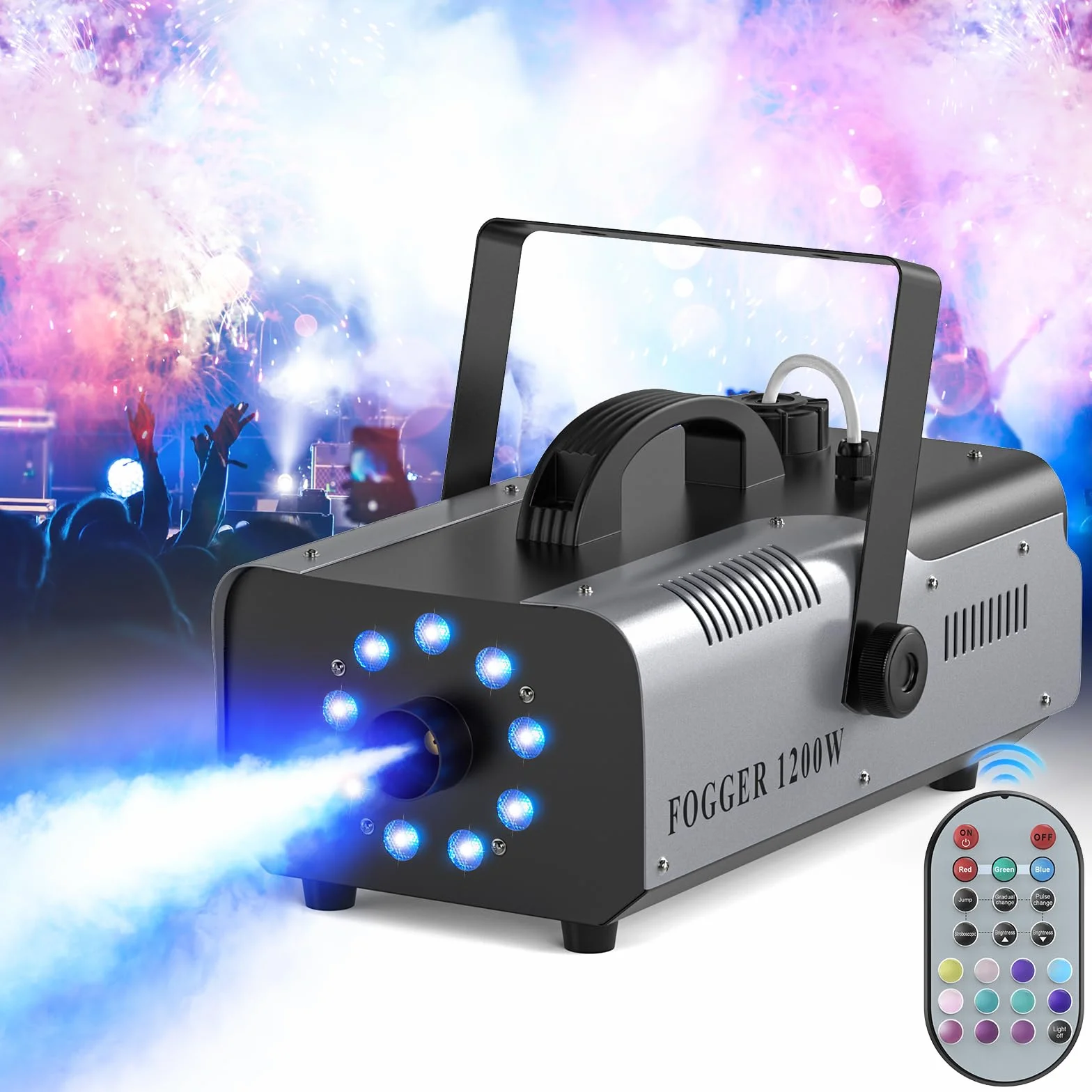 Macchina del Fumo 1200W 9 RGB LED Portatile Macchina del Fumo con Telecomando Wireless per Feste DJ Bar Club Spettacoli Teatrali Matrimonio Halloween