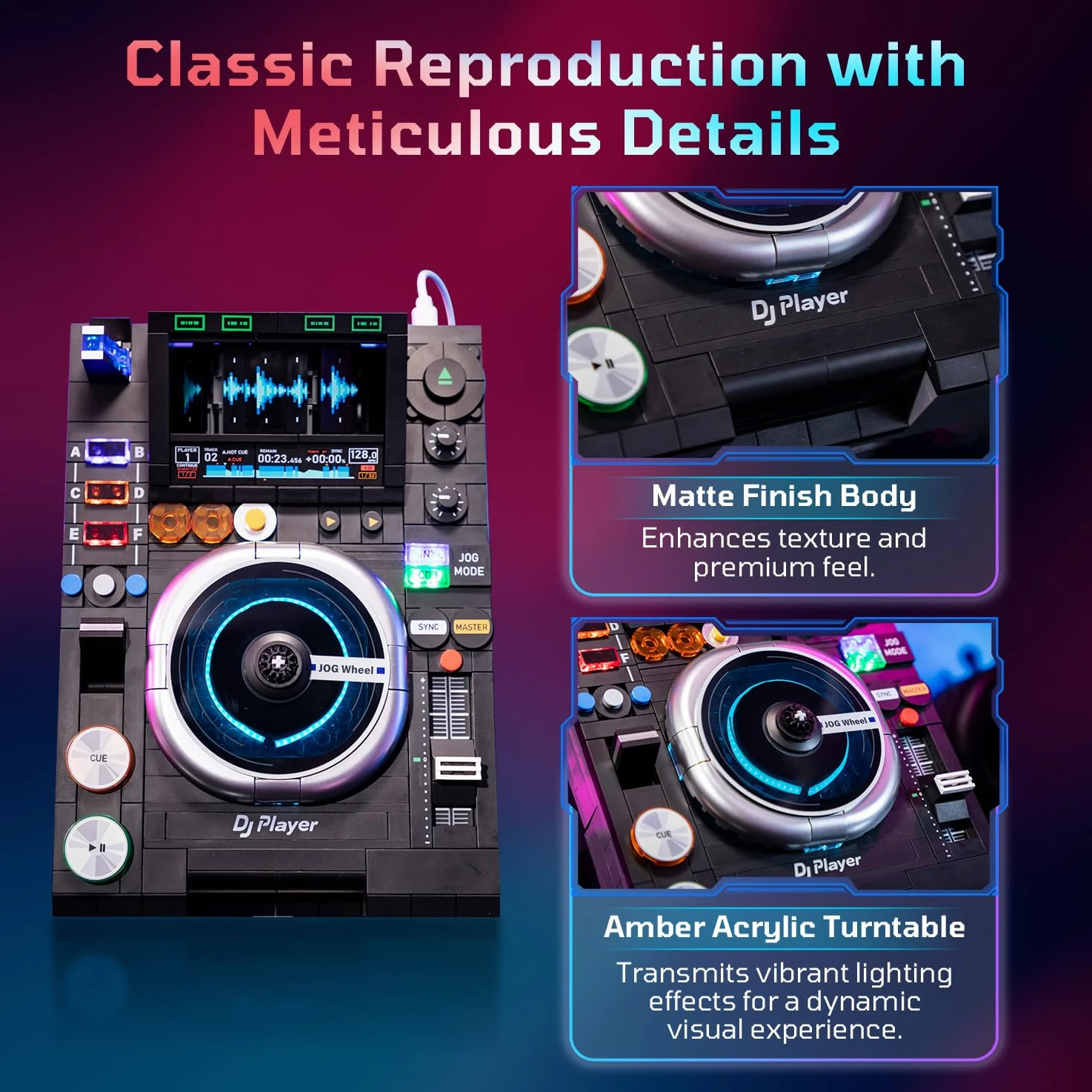 PANTASY Blocchi da costruzione per controller DJ, giradischi per DJ, riproduzione musicale Bluetooth, doppia modalità di illuminazione, supporto regolabile, giocattolo interattivo da scrivania per