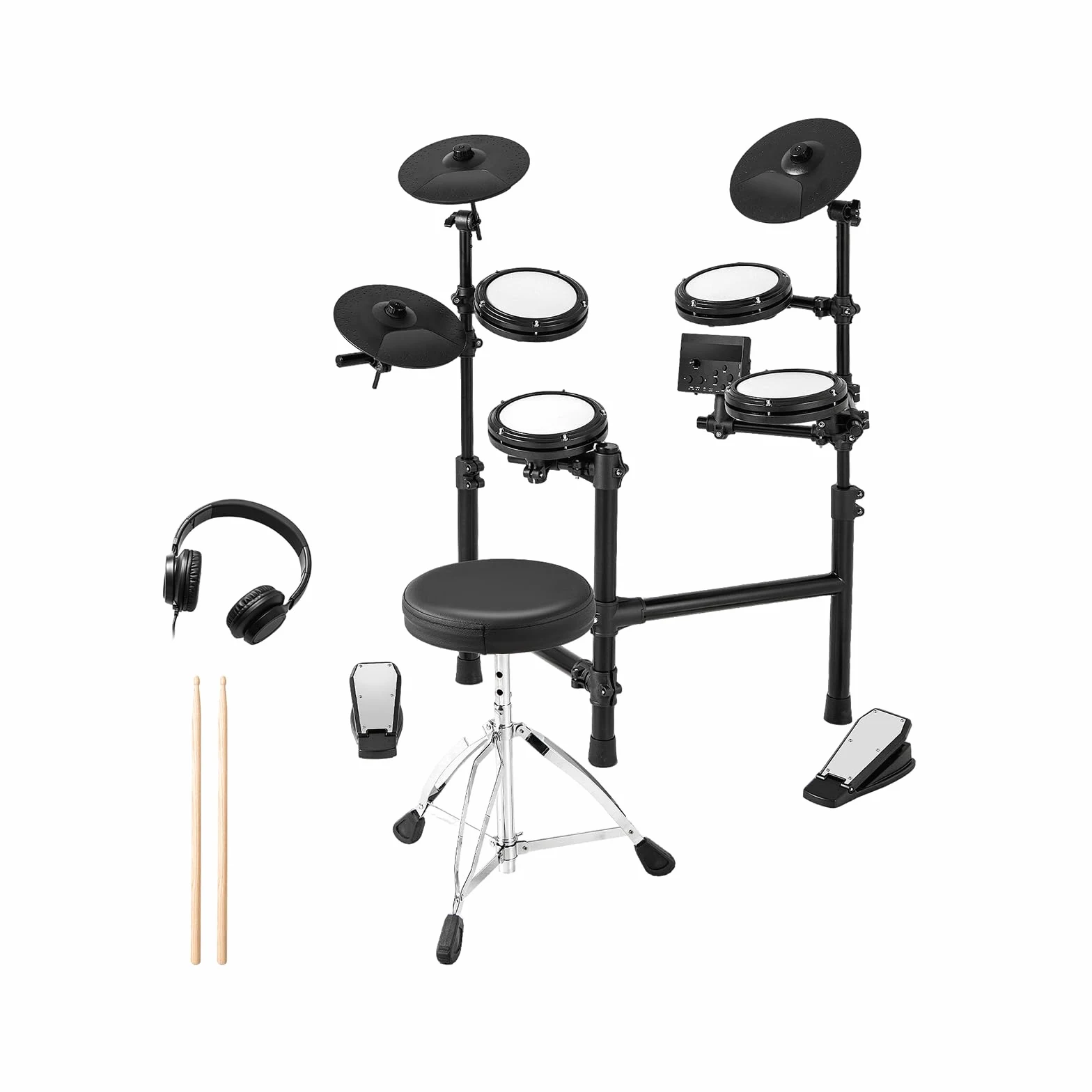 RELAX4LIFE Set di Batteria Elettronica Pieghevole con Pad, Piatti da 24 cm, 150 Suoni, 10 Demo, Interfaccia MIDI USB, Pedali, Bacchette, Sgabello Regolabile e Cuffie, per Principianti e Professionisti