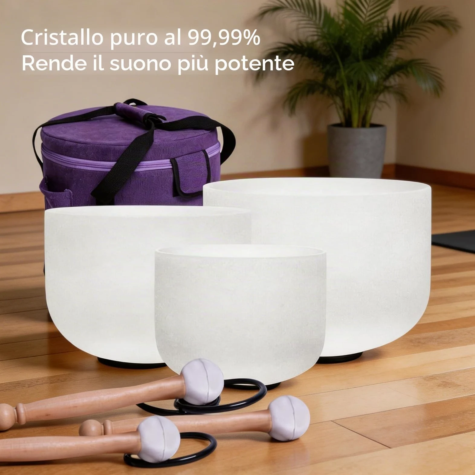Energysoun - Set di 3 campane tibetane in cristallo di quarzo satinato, 432 Hz, 28 cm, F, 17,8 cm, B, con custodia in tela